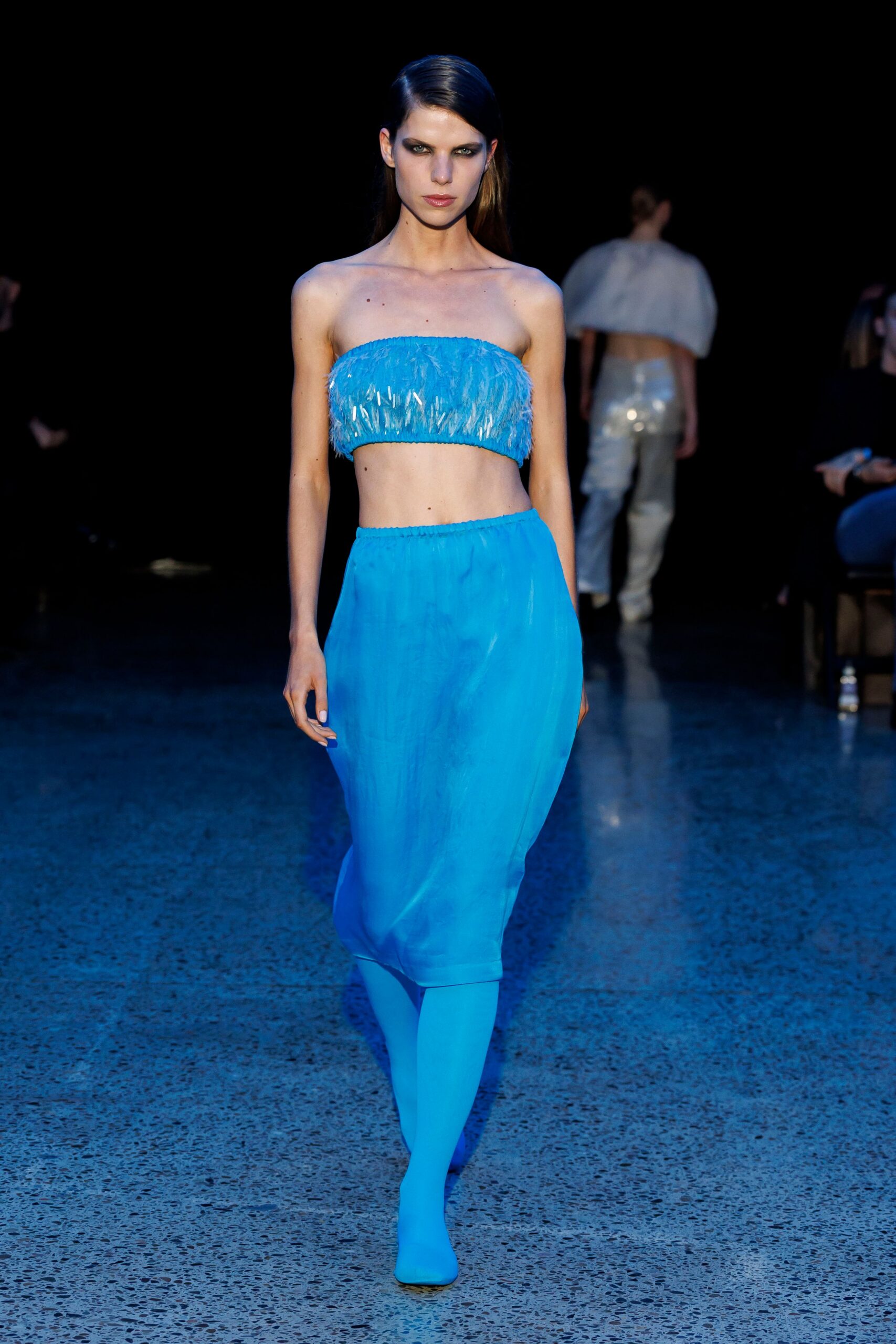 blue silk fitted straight-leg skirt