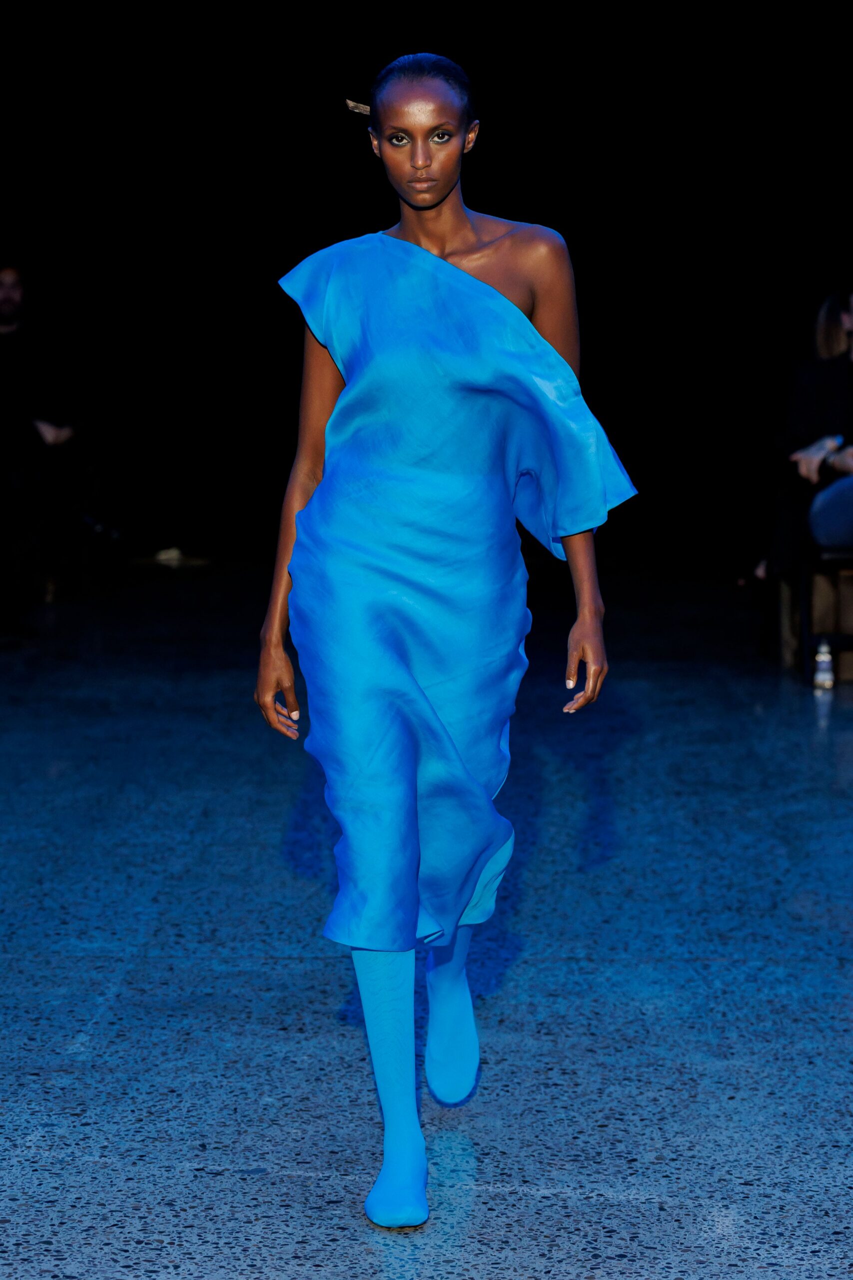 blue silk sleeveless asymmetric fitted draped flowing dress