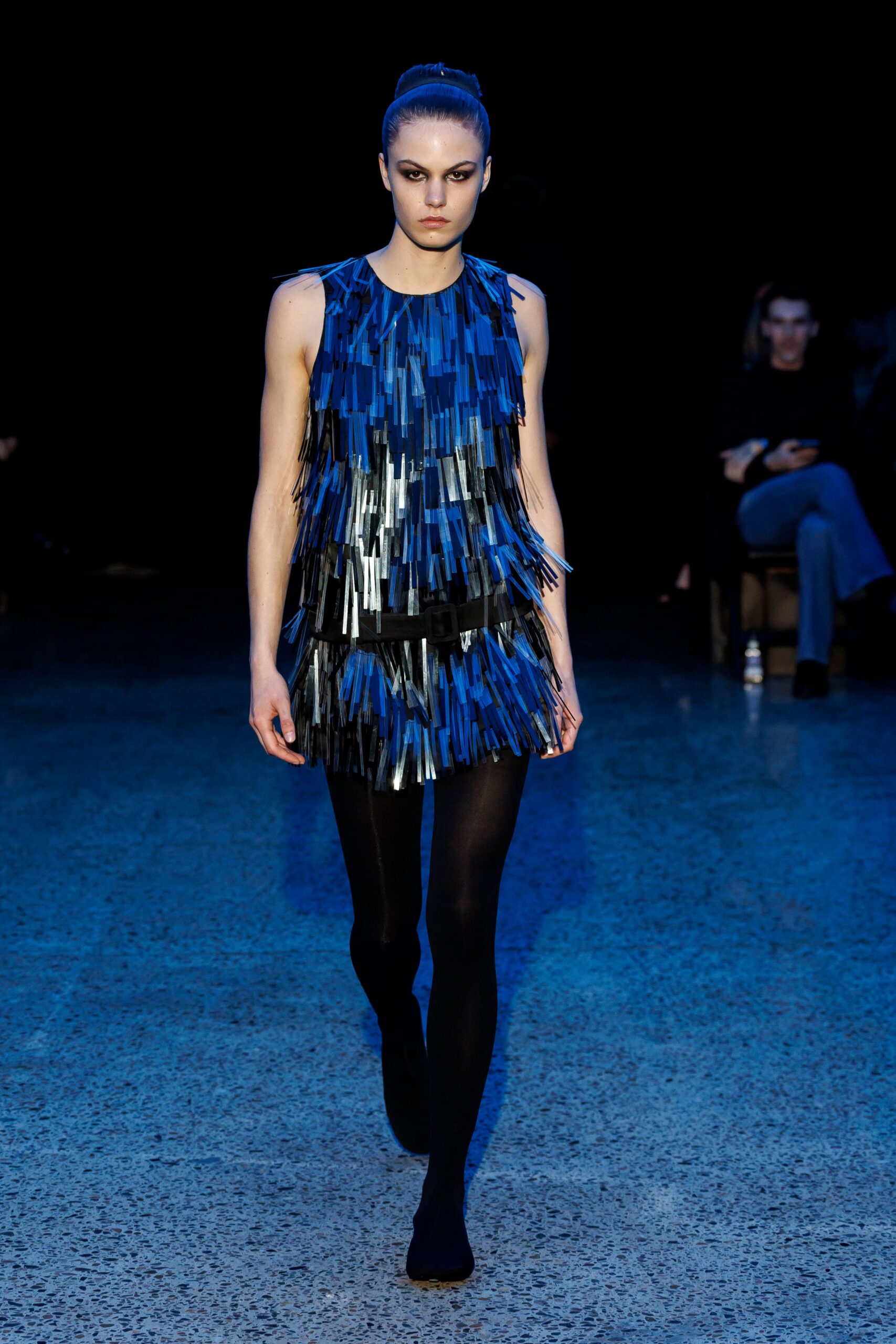 blue silk sleeveless high-neck fitted fringed shiny dress
