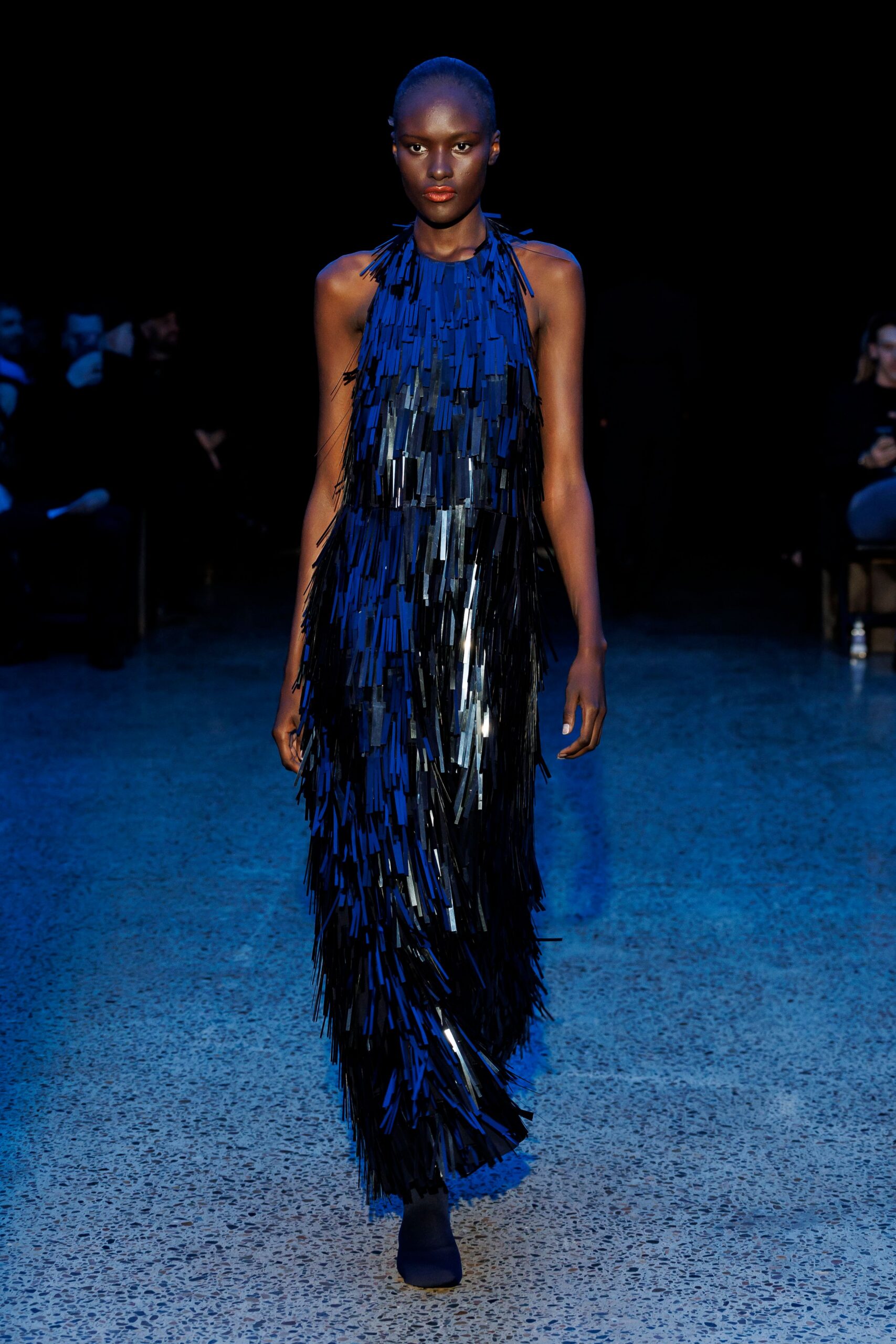 black silk sleeveless high-neck fitted fringed shiny gown