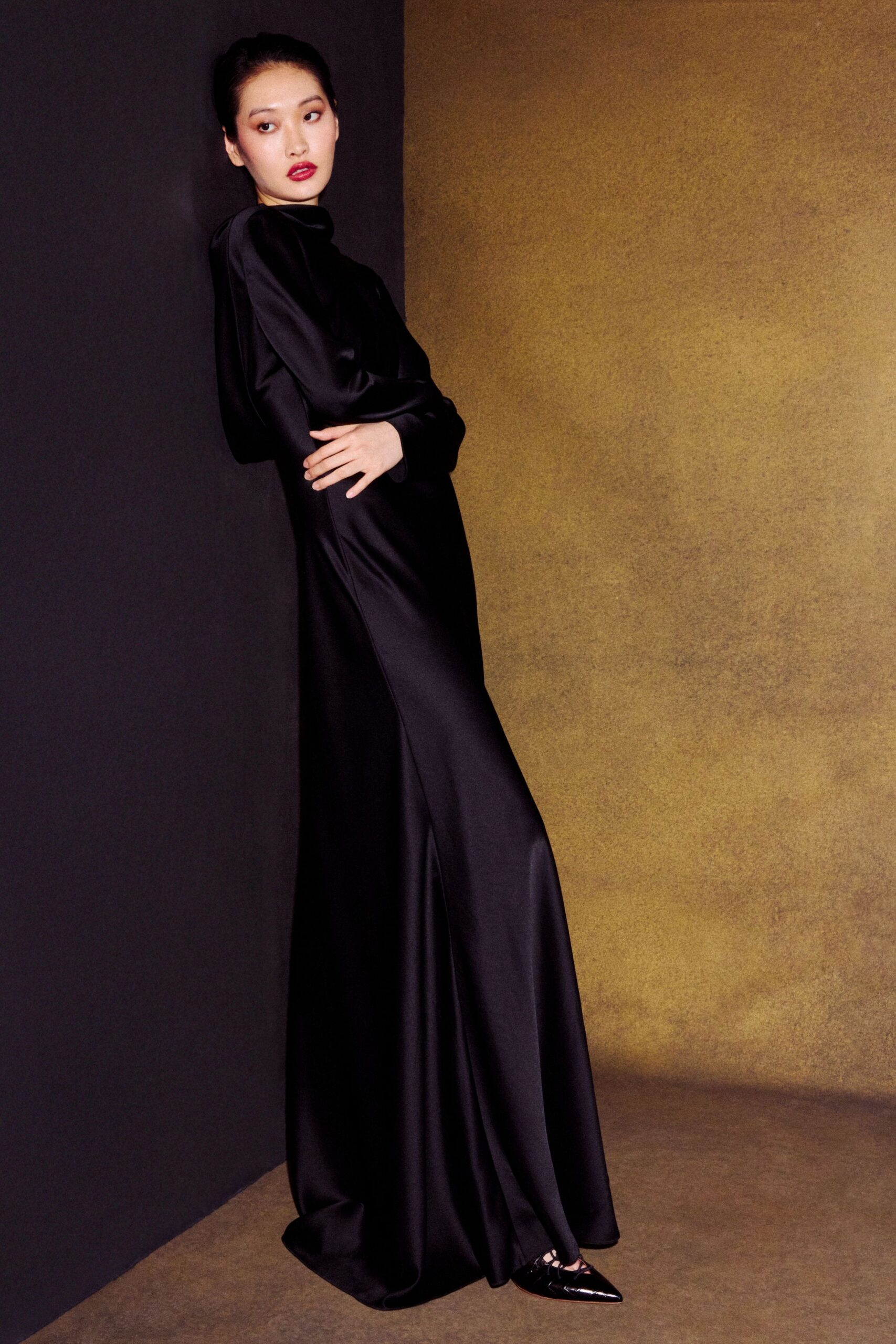 black silk long-sleeve gown