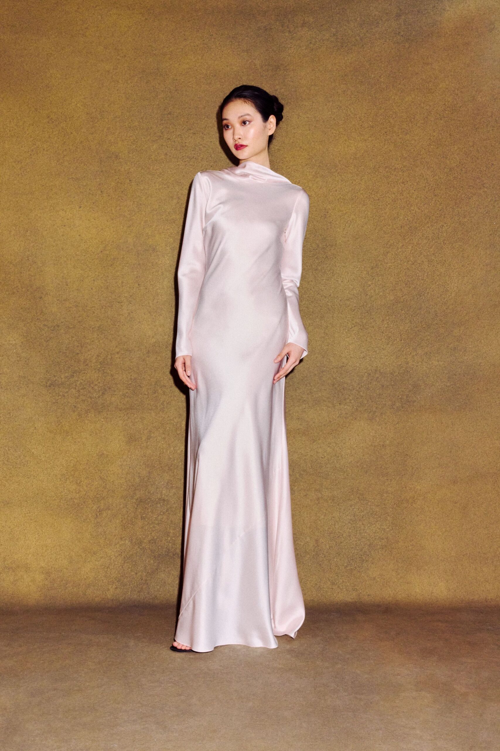 fitted pink satin gown