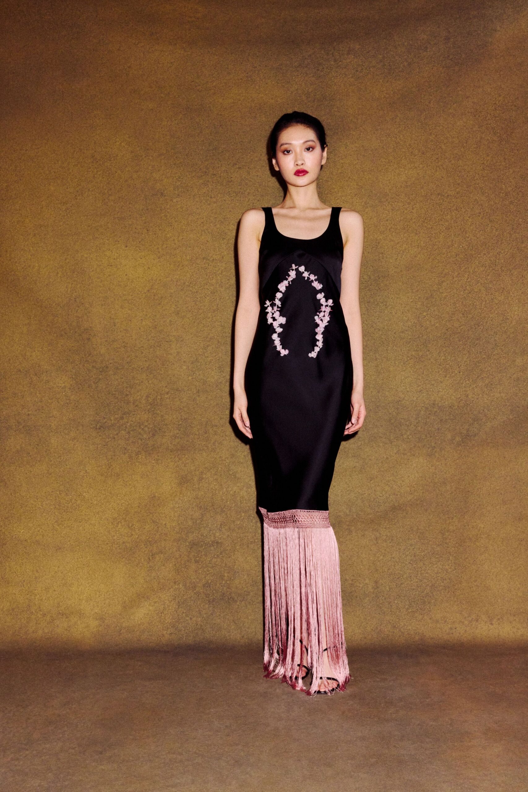black silk sleeveless gown