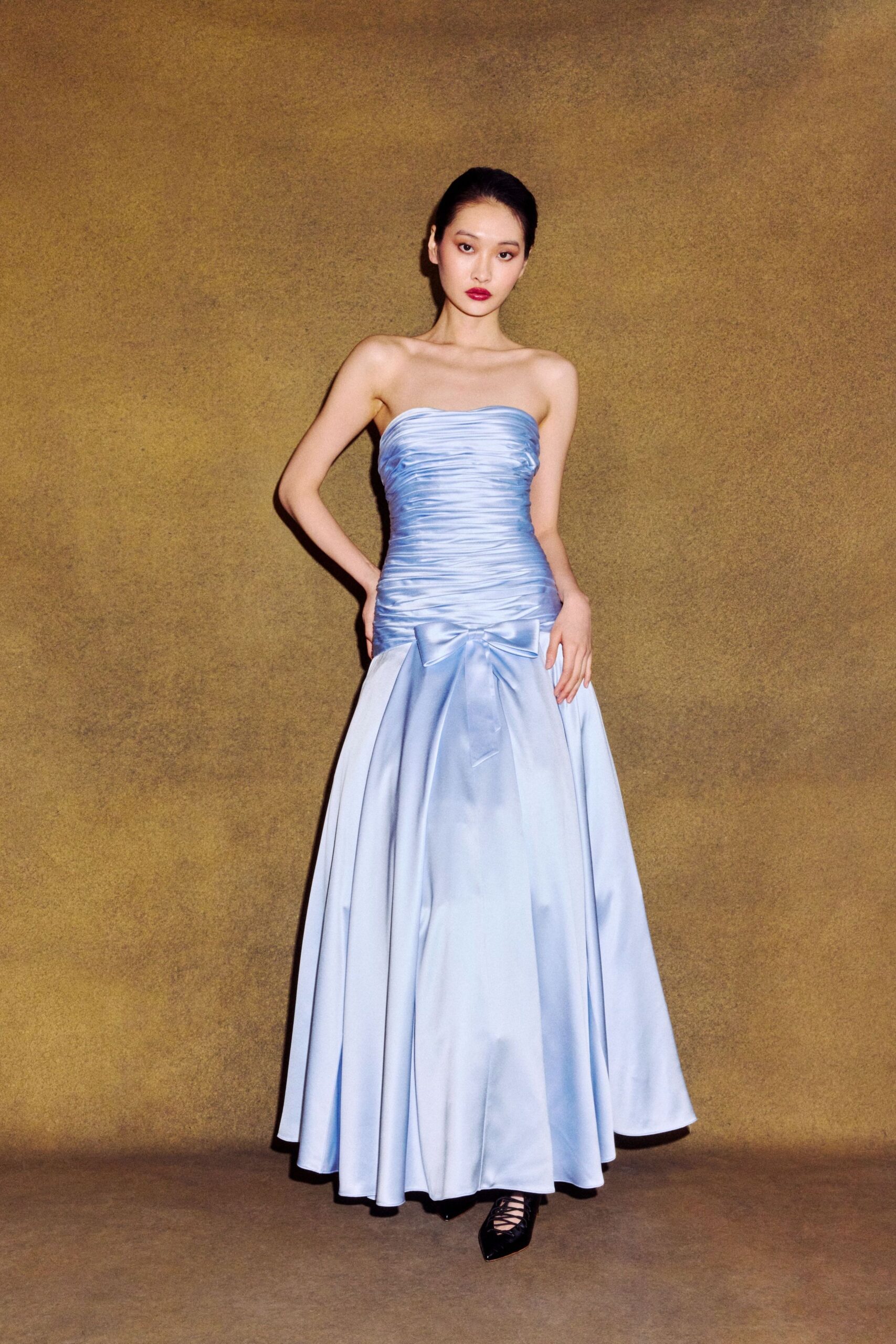 blue satin strapless fitted ruched shiny maxi gown