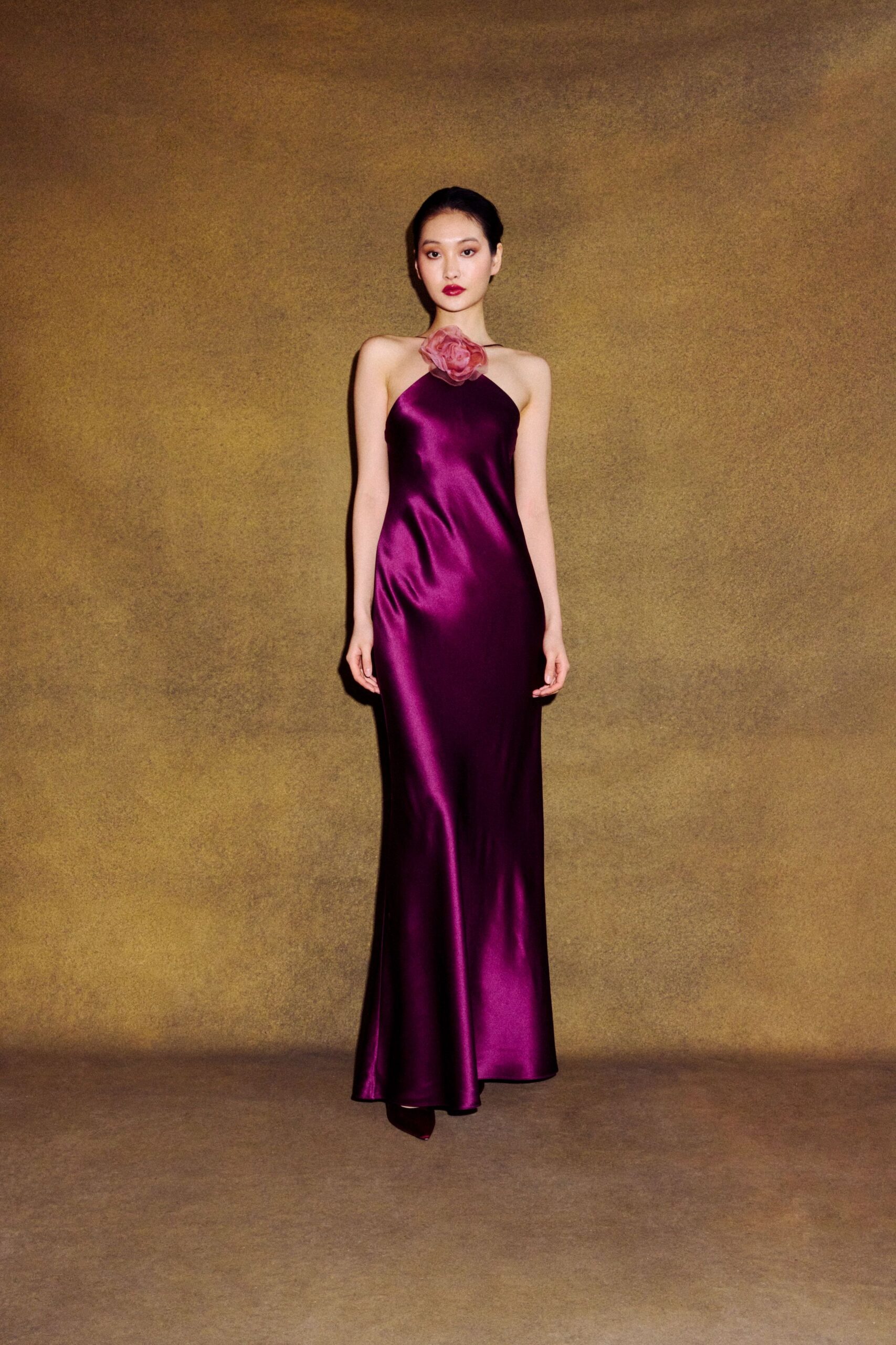 fitted purple silk halter gown