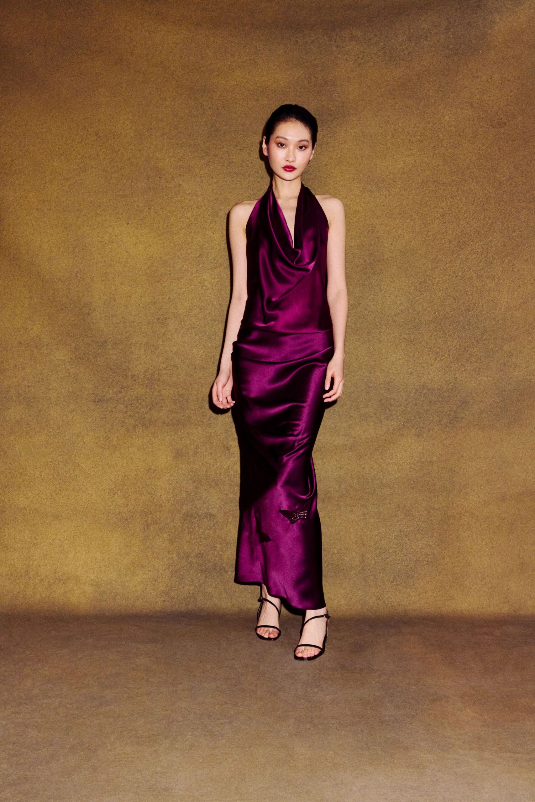 purple satin sleeveless halter fitted draped shiny gown