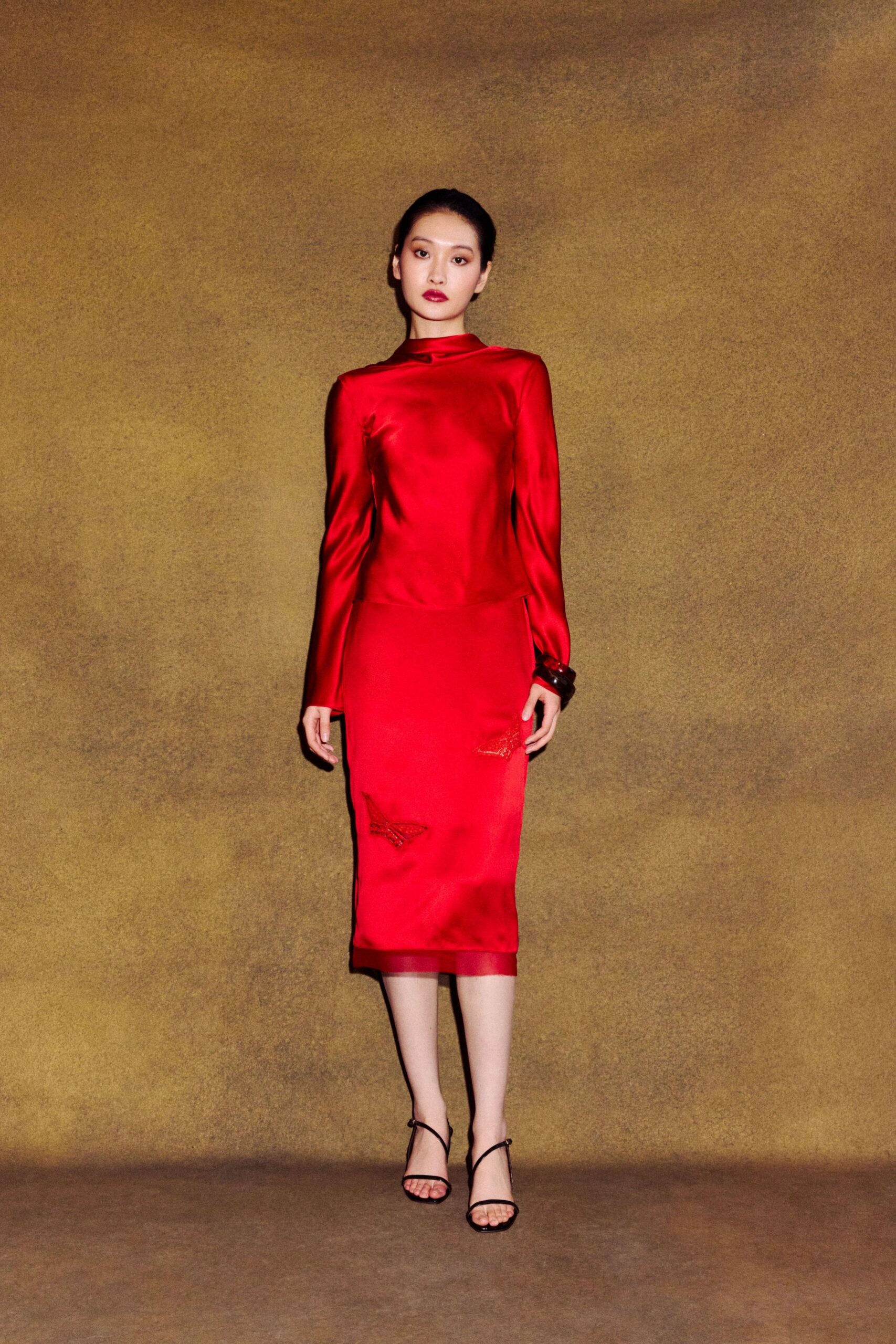 red silk long-sleeve high-neck fitted embroidered midi dress