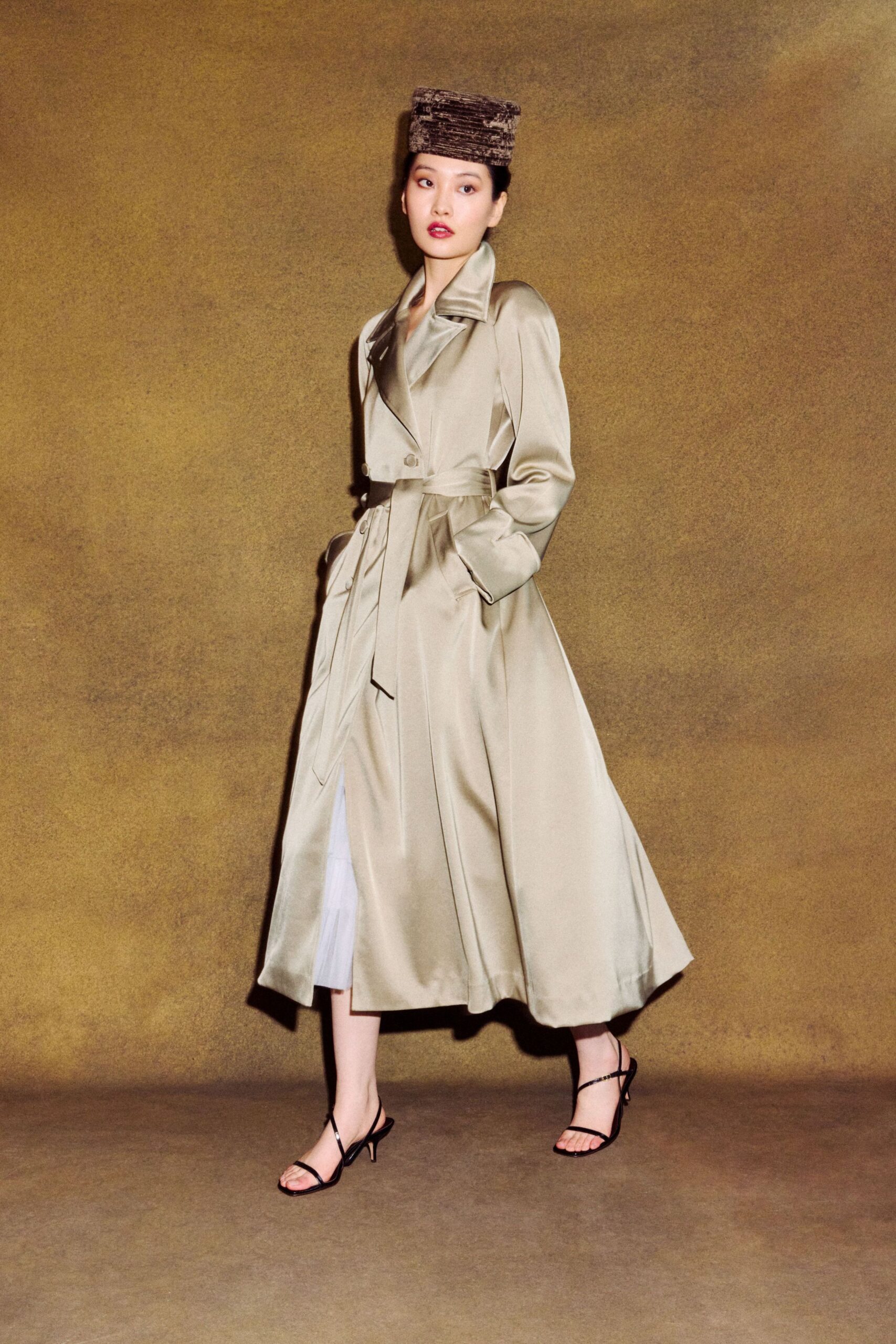 beige silk long-sleeve collared relaxed belted flowing trench