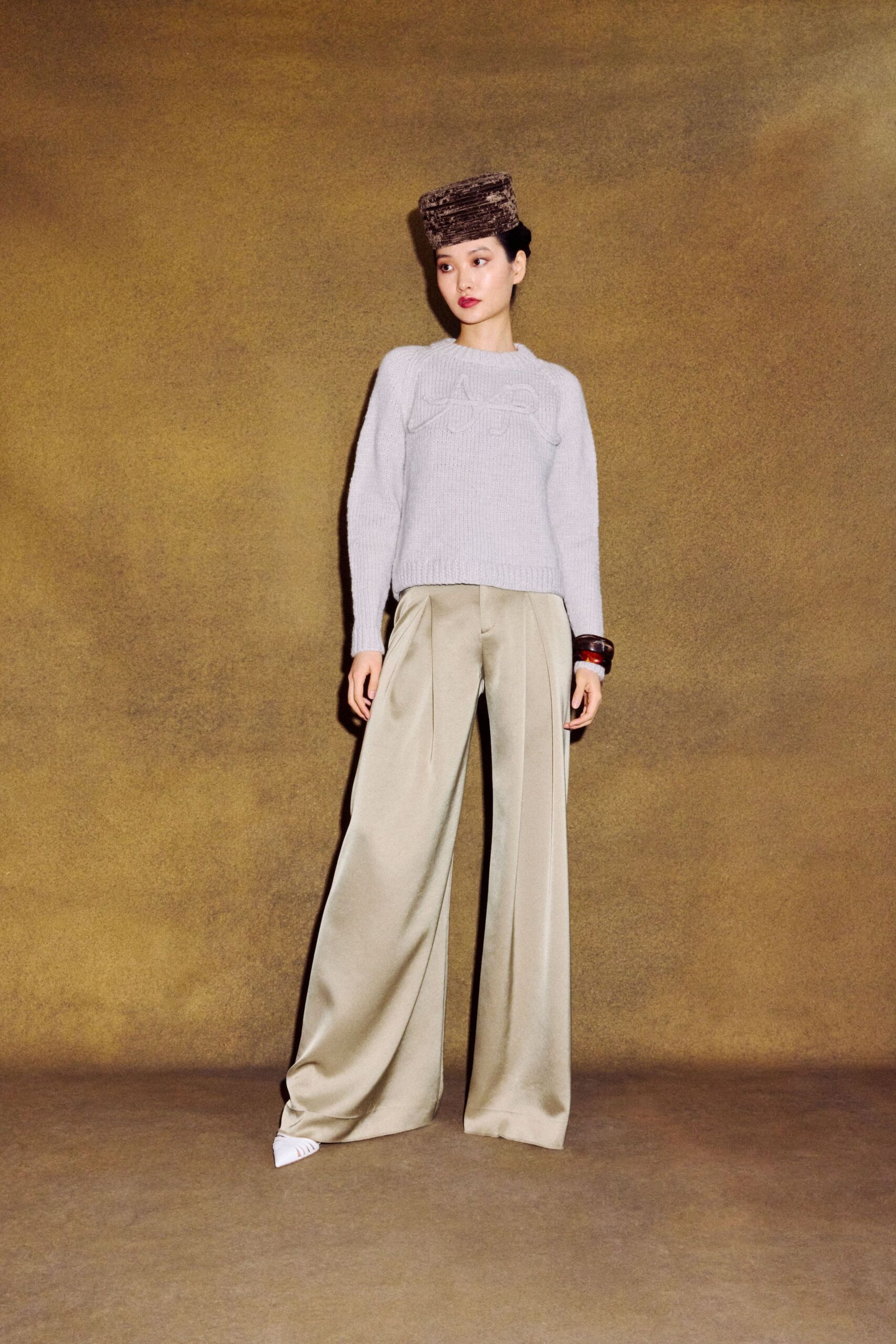 gray wool long-sleeve collared fitted pleated sweater