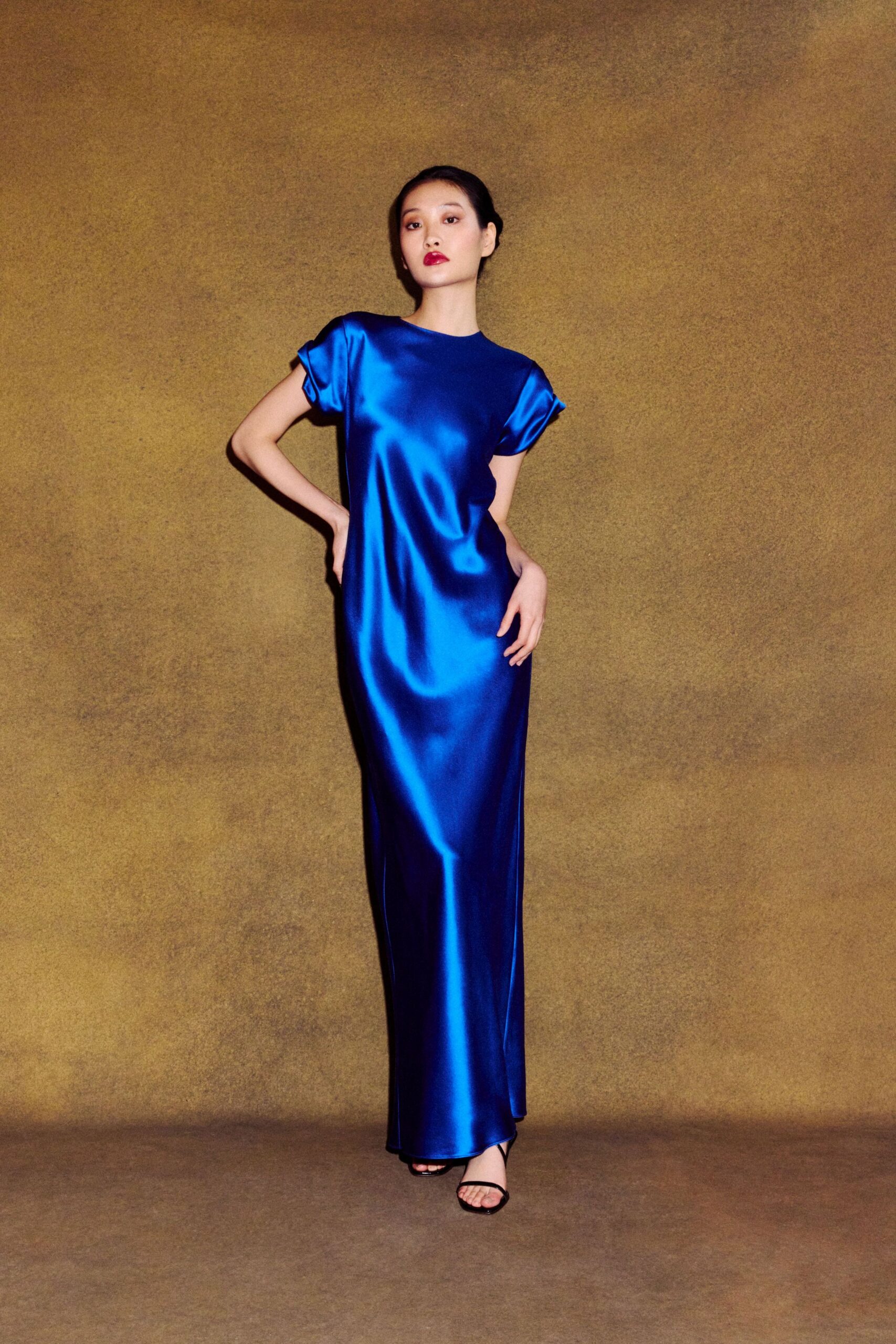 blue satin short-sleeve high-neck fitted shiny maxi gown