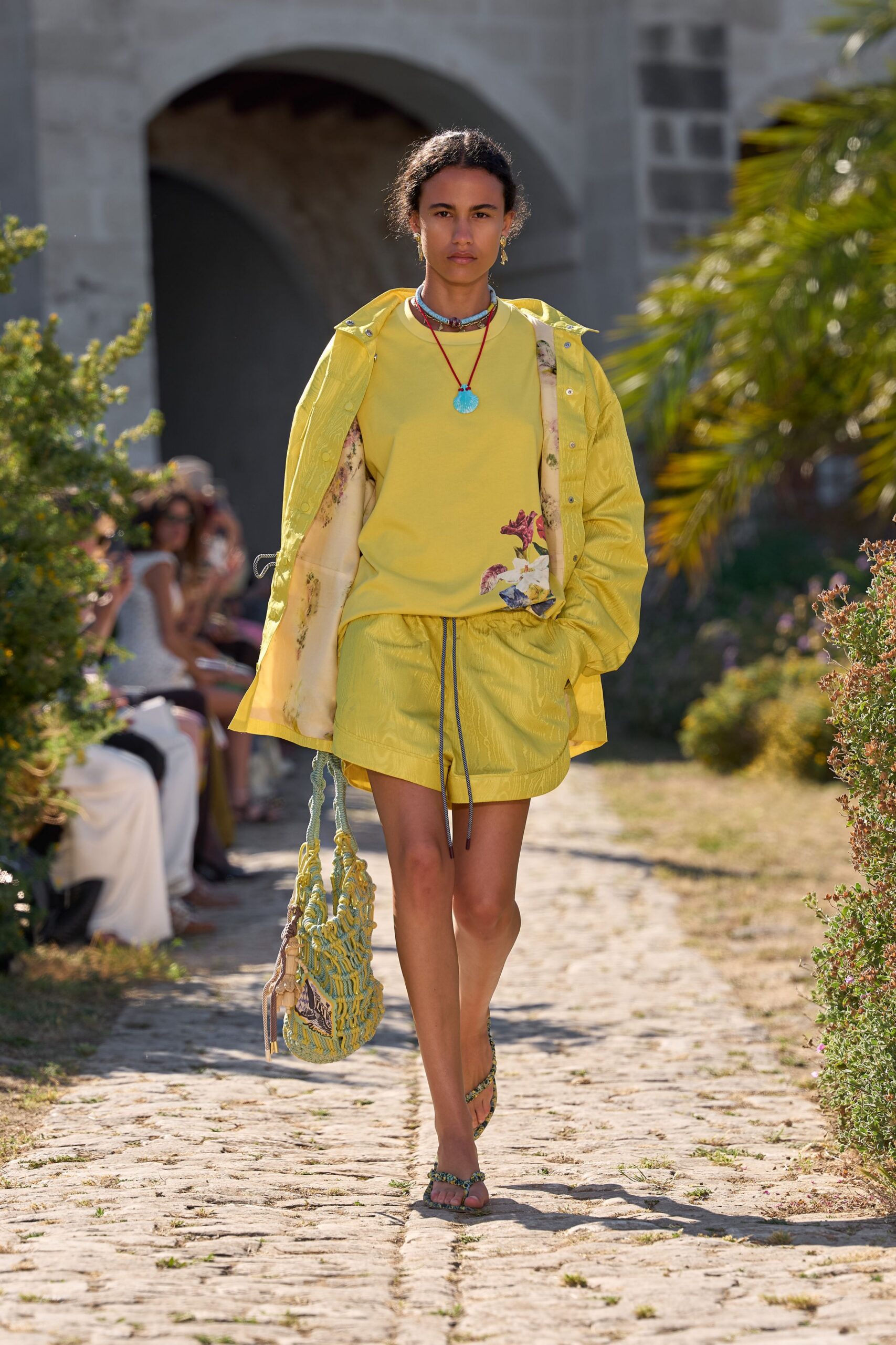 yellow cotton long-sleeve relaxed embroidered jacket