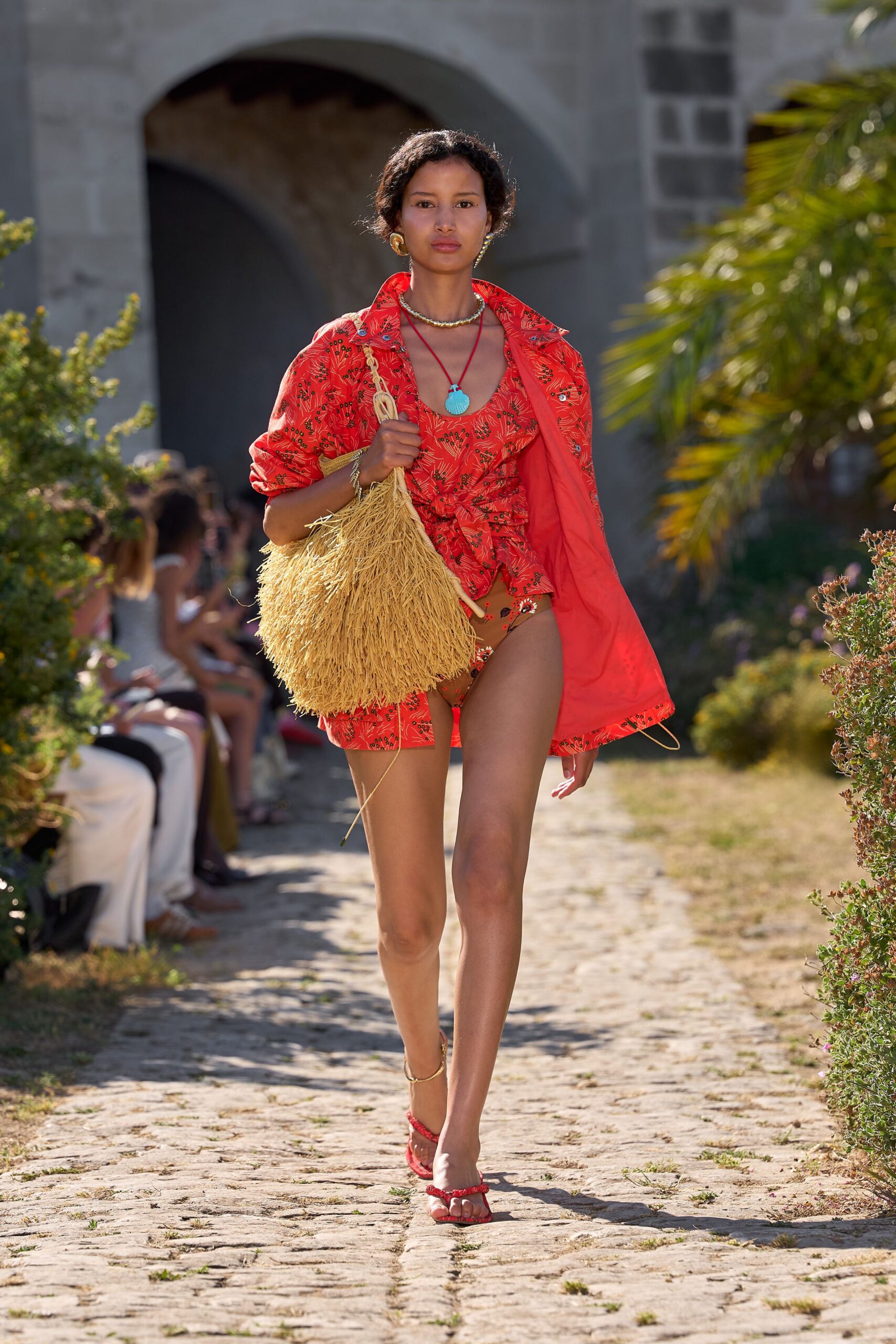 red cotton long-sleeve relaxed embroidered coat