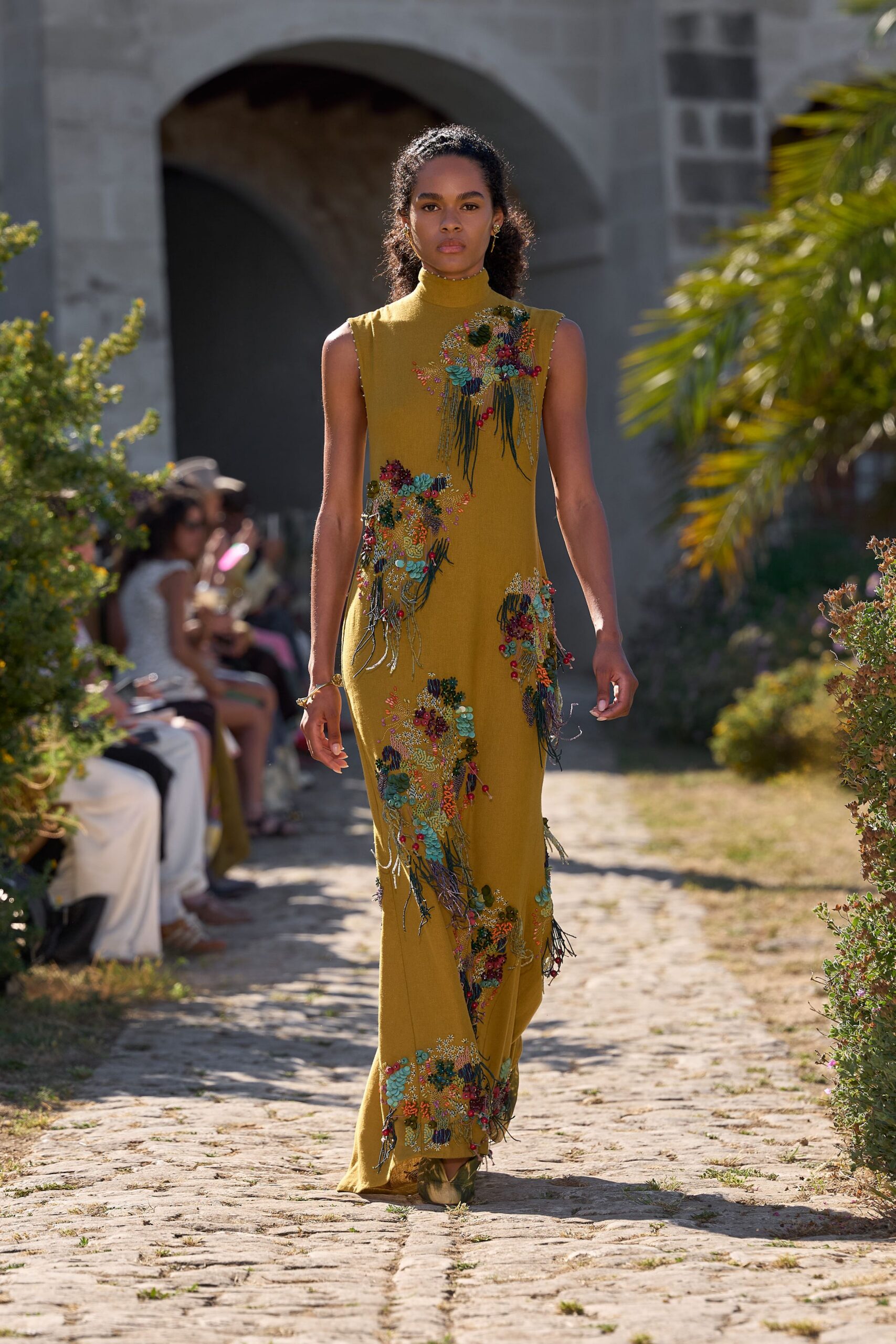 yellow silk embroidered gown