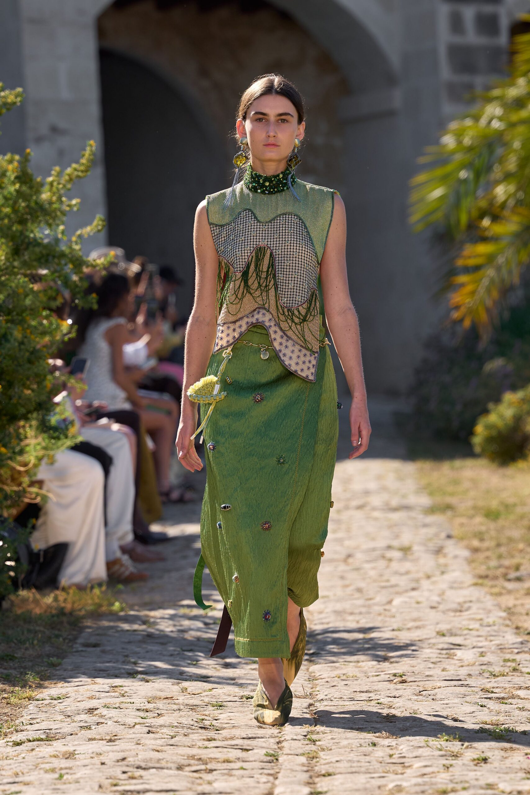 green silk sleeveless high-neck fitted embroidered layered dress