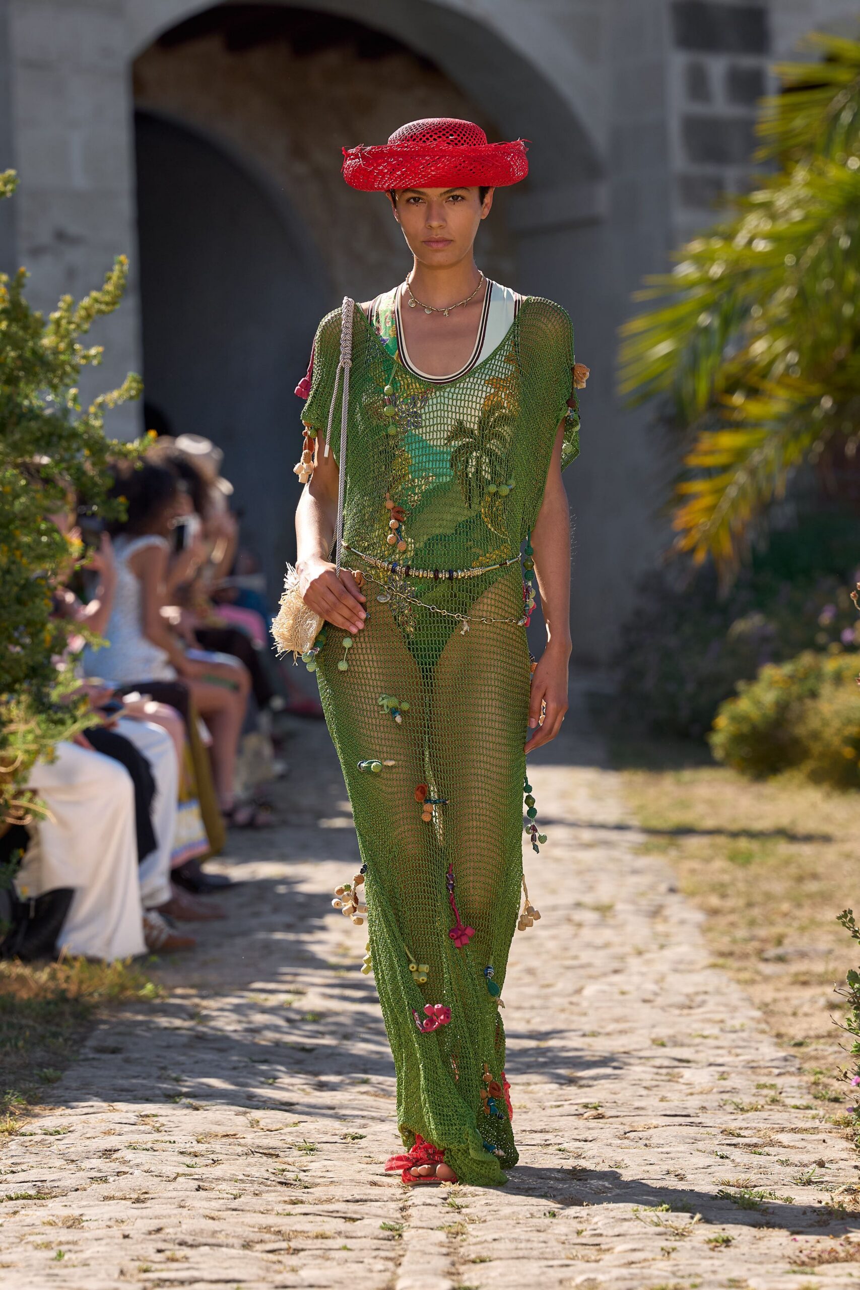 green mesh sleeveless v-neck relaxed embroidered layered dress