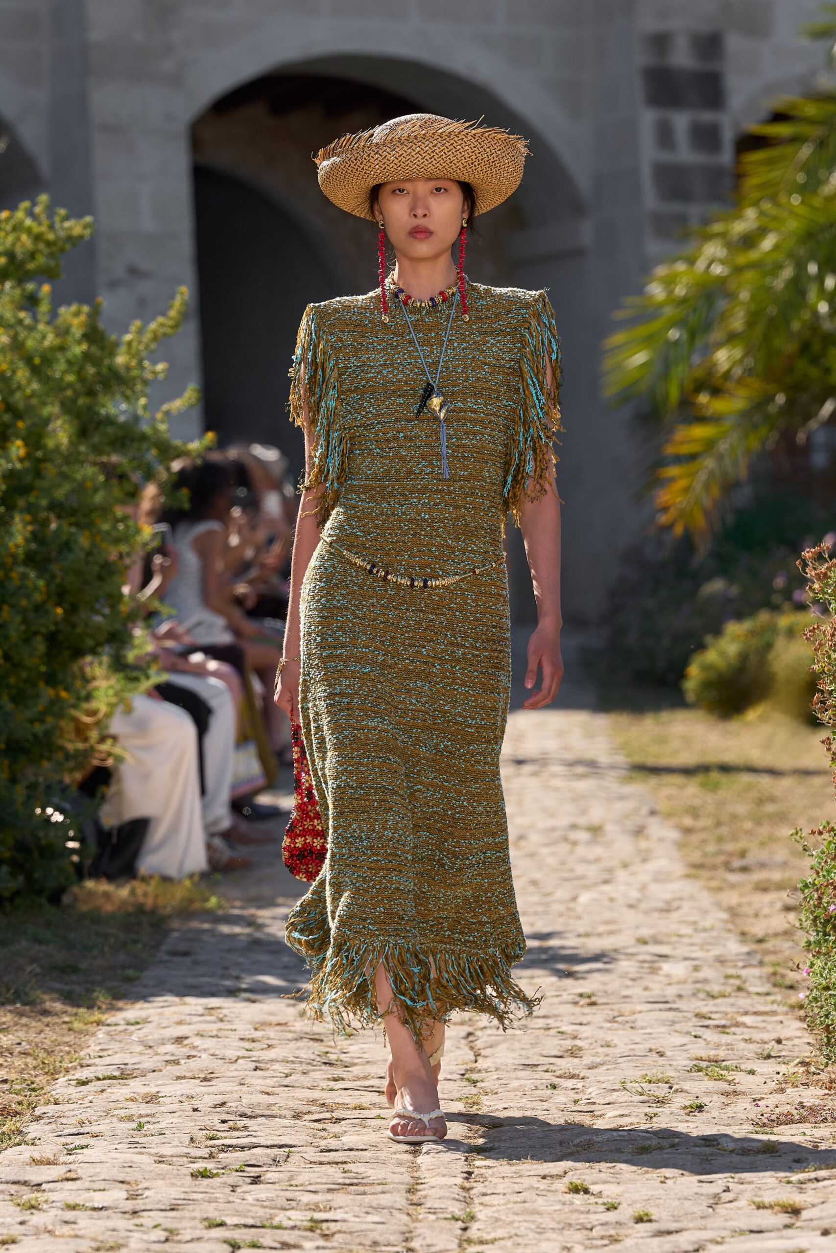 green cotton short-sleeve fitted fringed layered midi dress