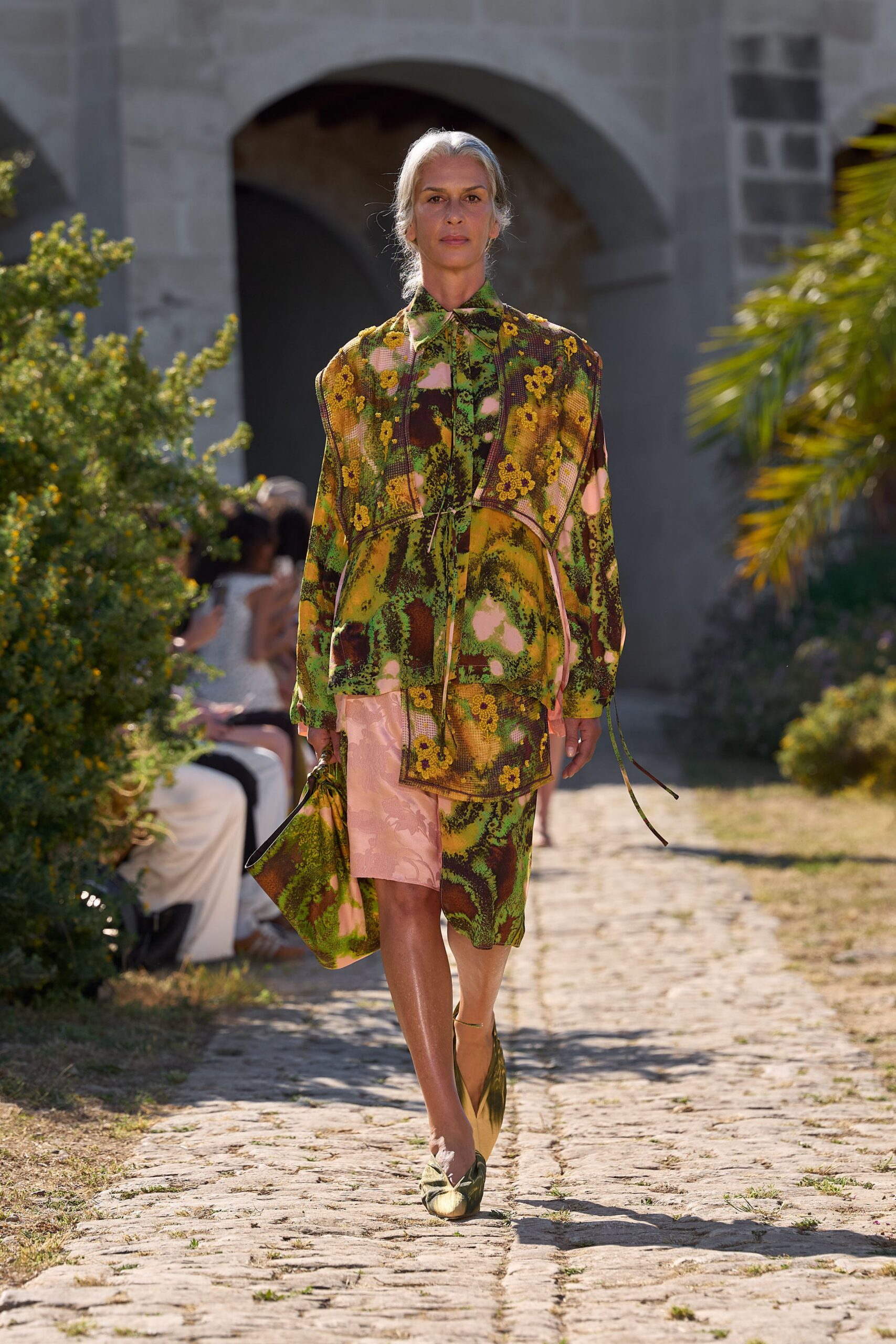 green silk long-sleeve collared relaxed floral layered coat
