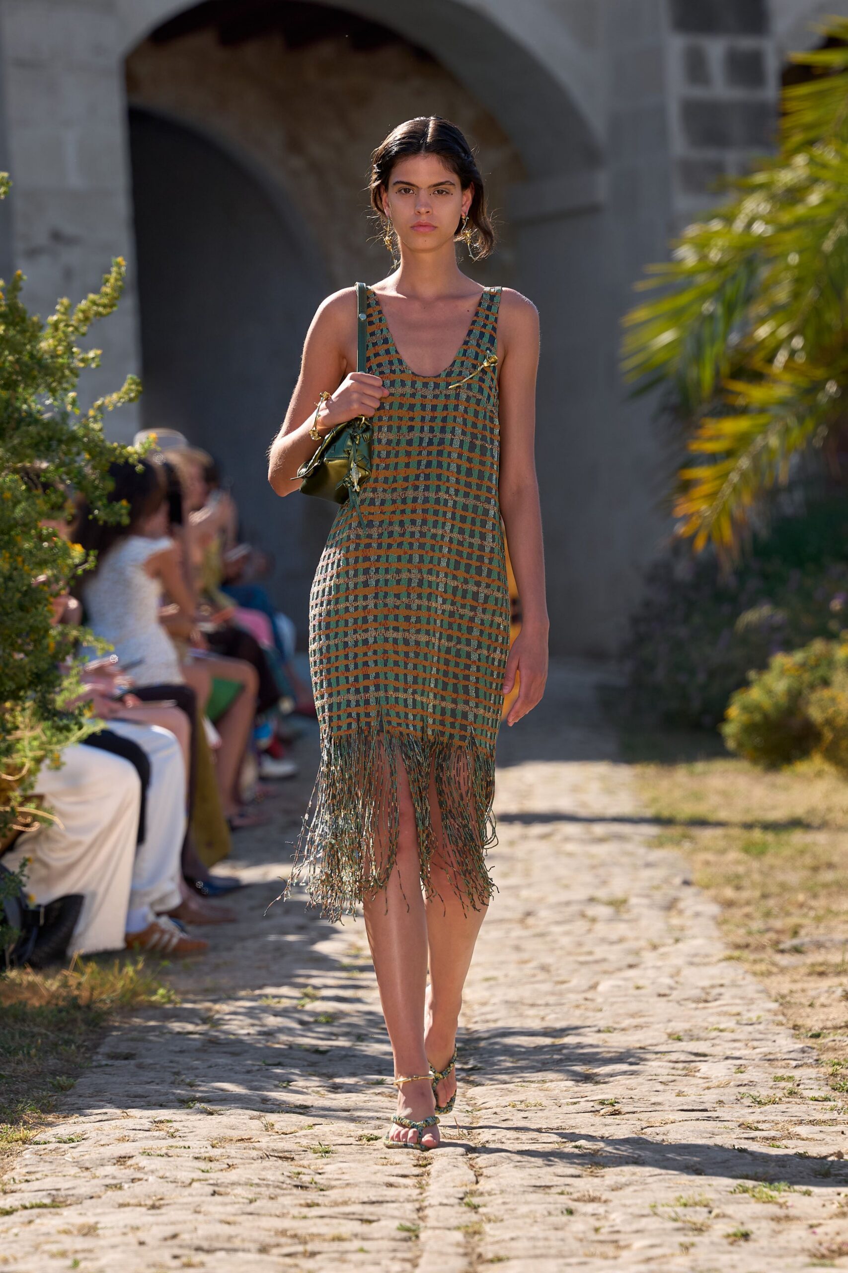 green cotton sleeveless v-neck fitted fringed layered dress