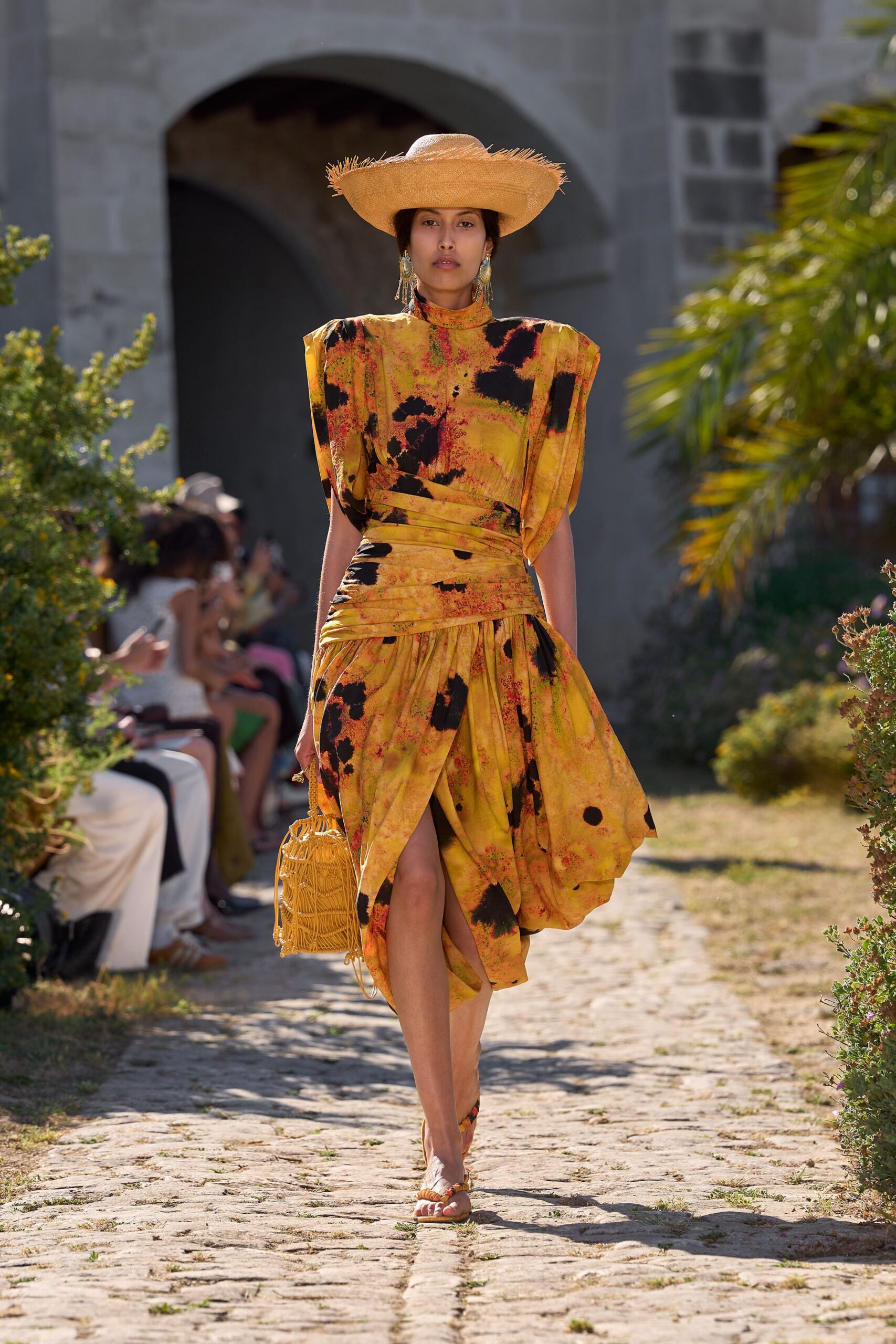 yellow silk short-sleeve v-neck fitted draped flared dress