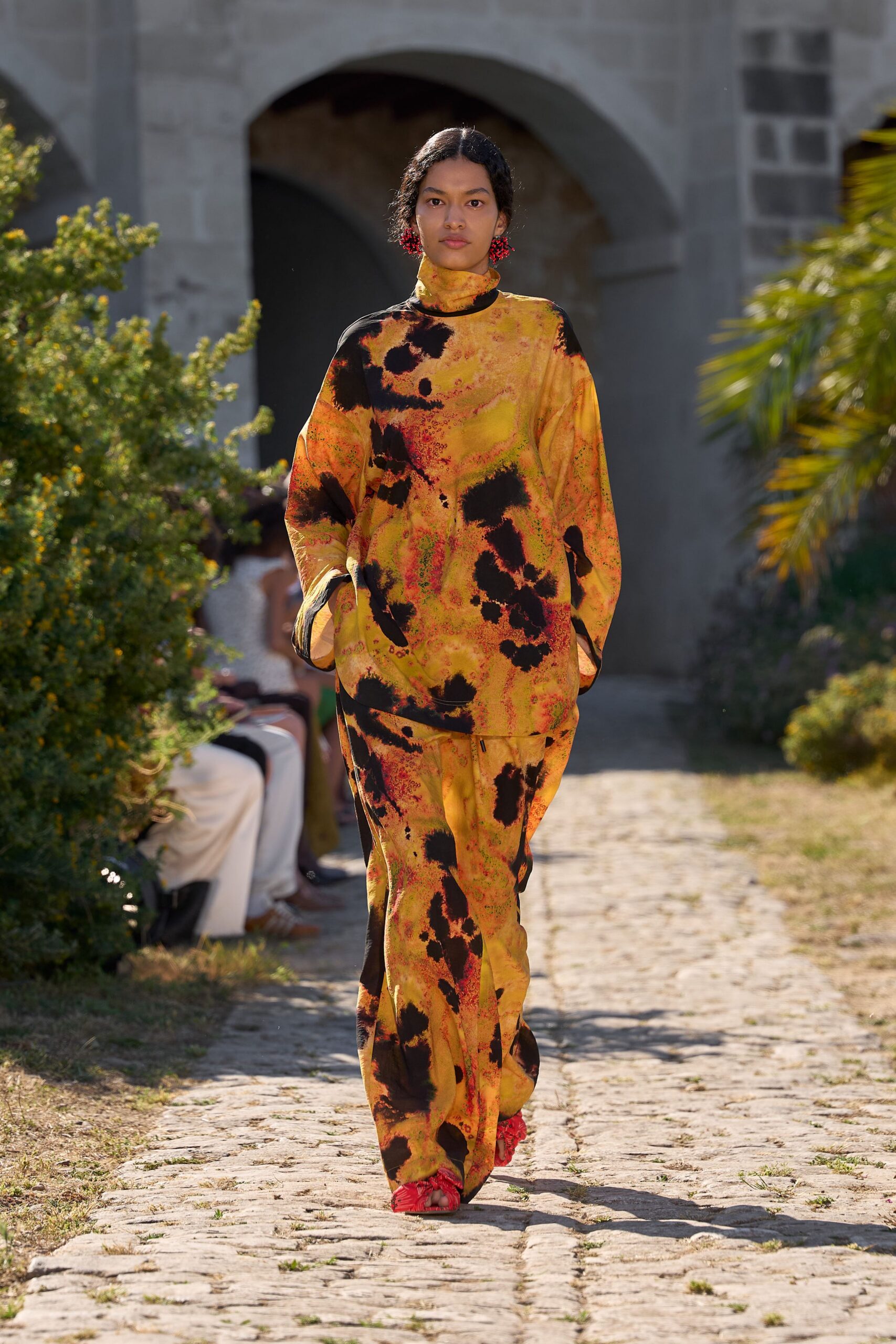yellow silk long-sleeve high-neck relaxed printed maxi gown