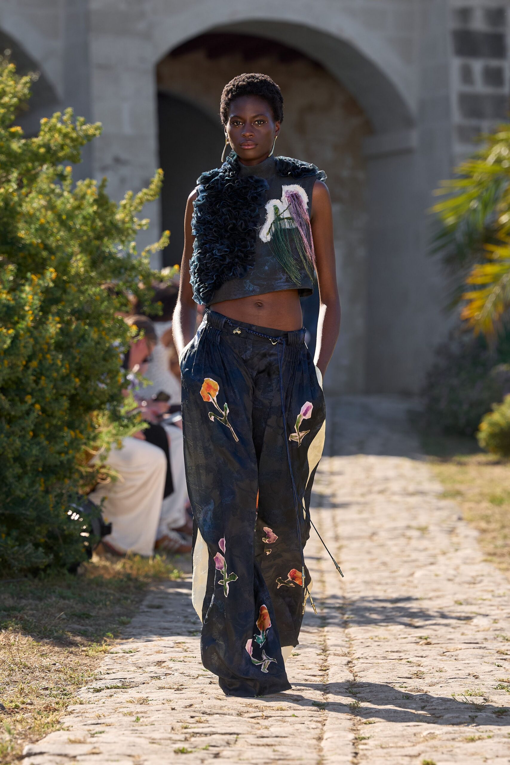 blue cotton relaxed embroidered pants
