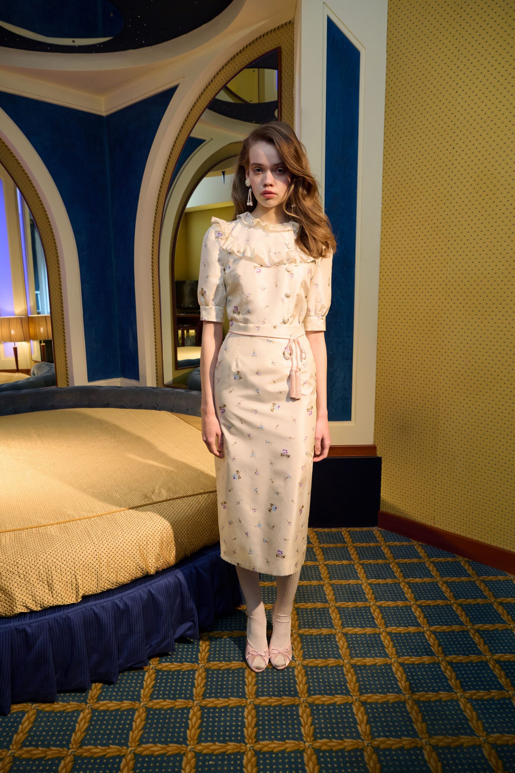 beige silk short-sleeve collared fitted ruffled embroidered dress