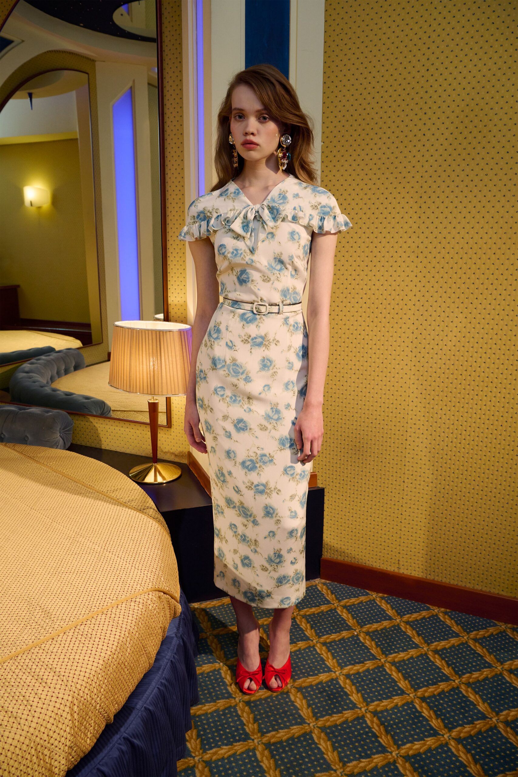 white cotton short-sleeve collared fitted floral belted dress