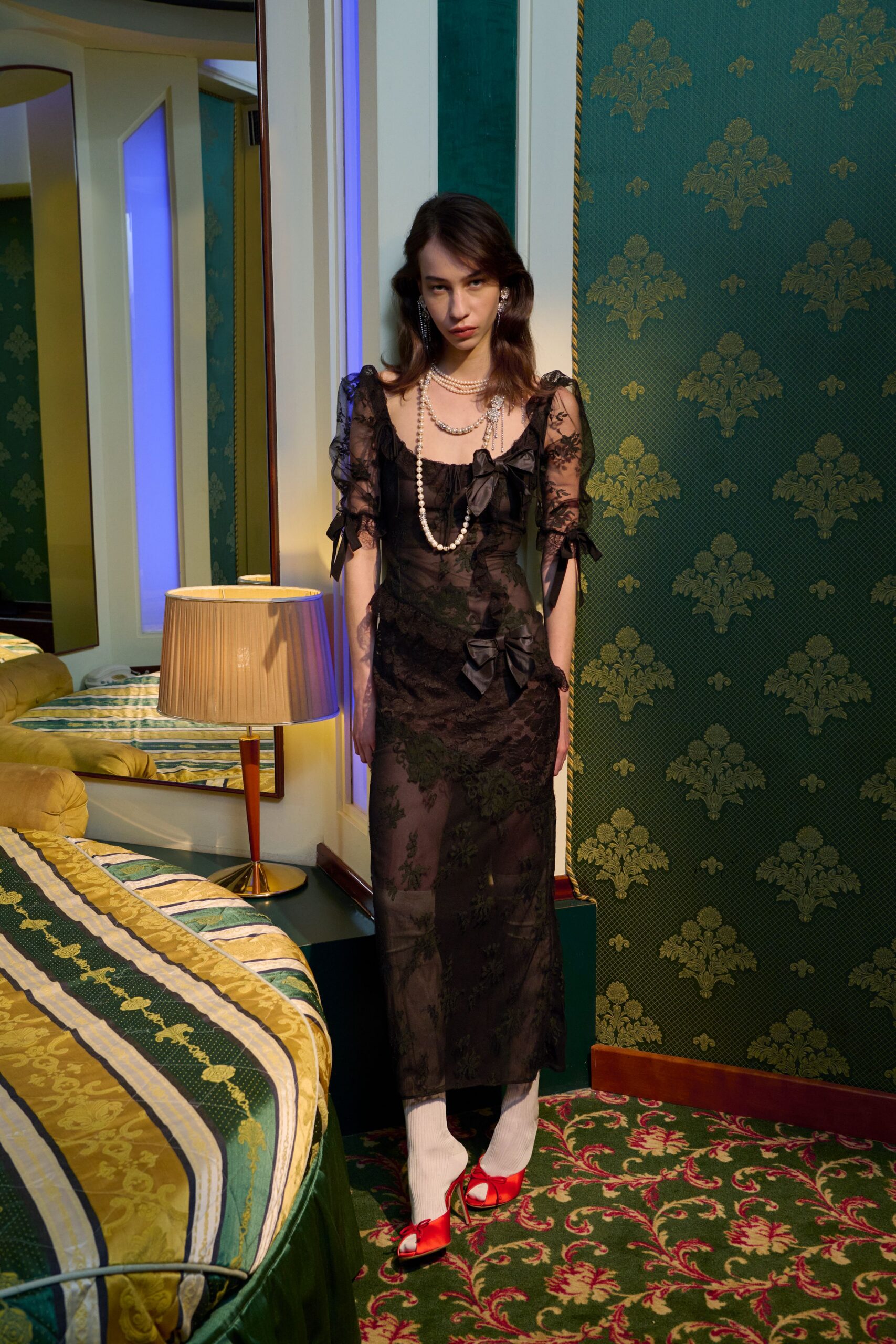 black lace short-sleeve v-neck fitted ruffled layered dress