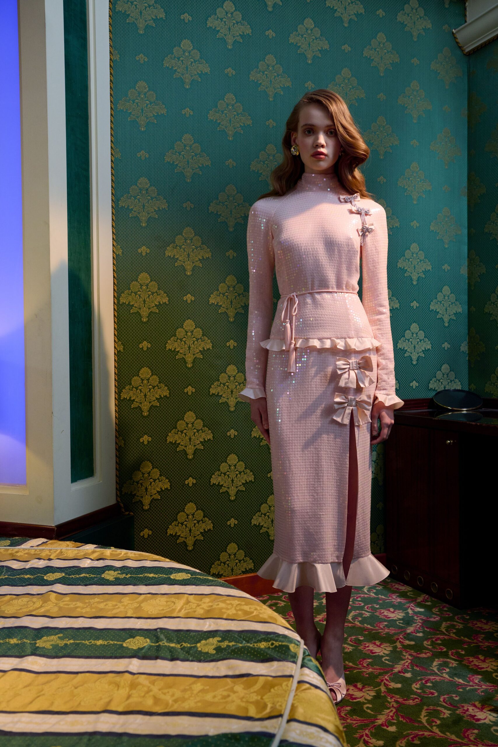 pink silk long-sleeve high-neck fitted ruffled sequined dress
