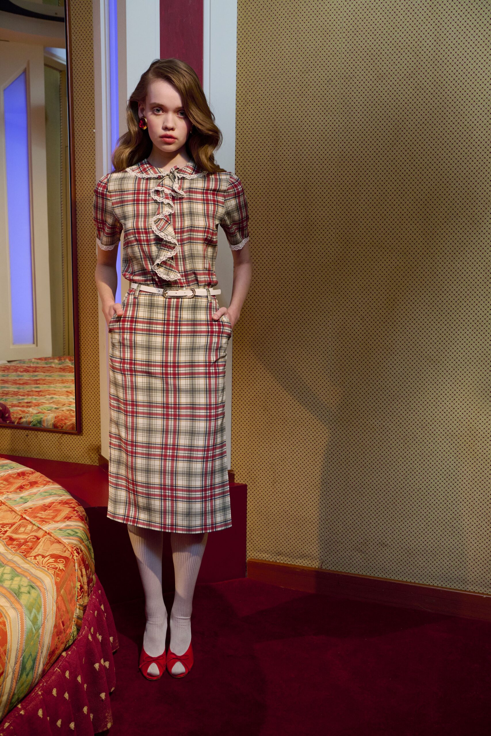 beige cotton short-sleeve collared fitted checked ruffled dress