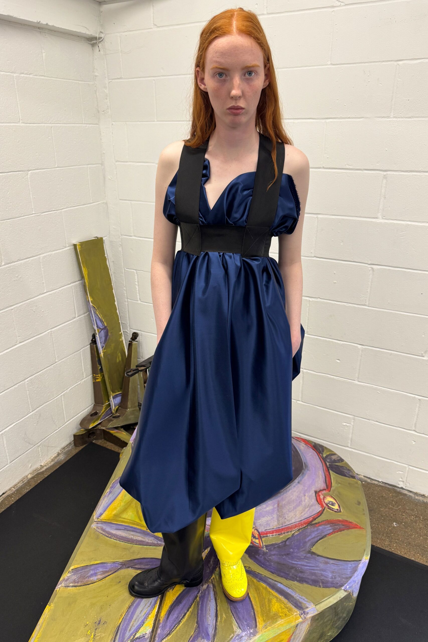 blue satin sleeveless v-neck fitted draped flowing dress