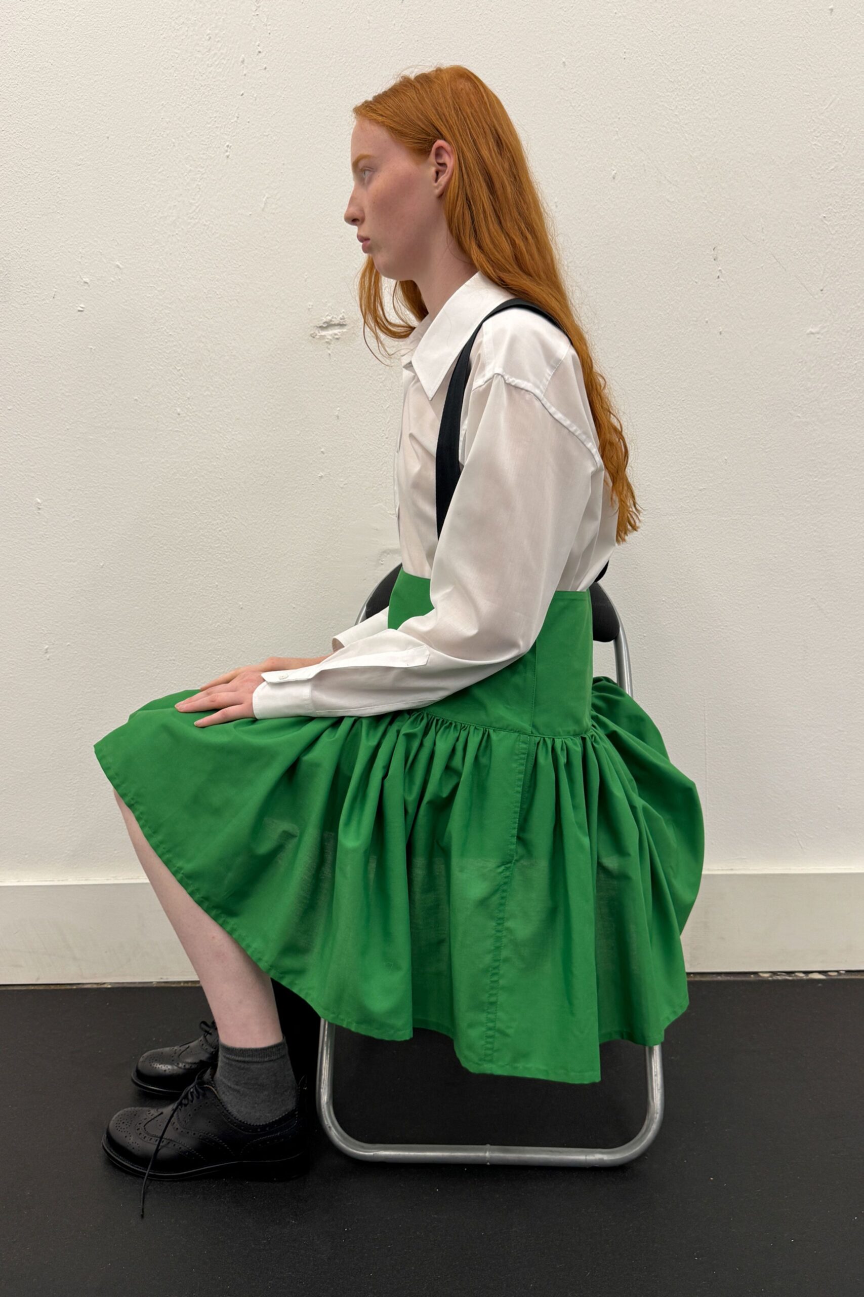 green cotton fitted pleated midi skirt