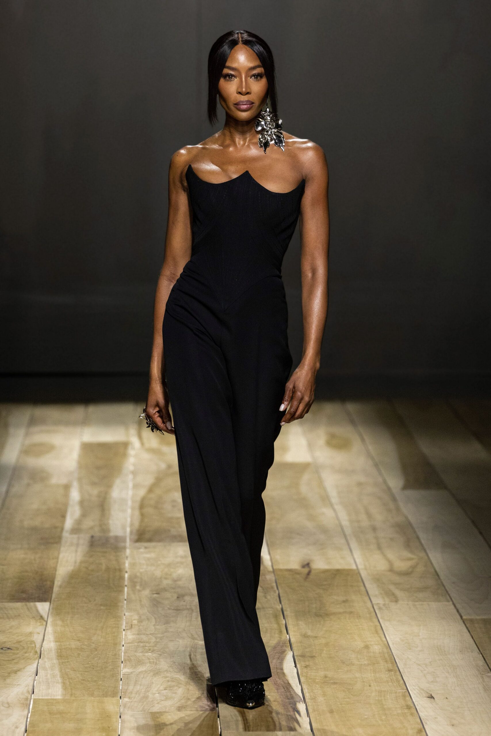 black silk sleeveless v-neck fitted straight-leg jumpsuit
