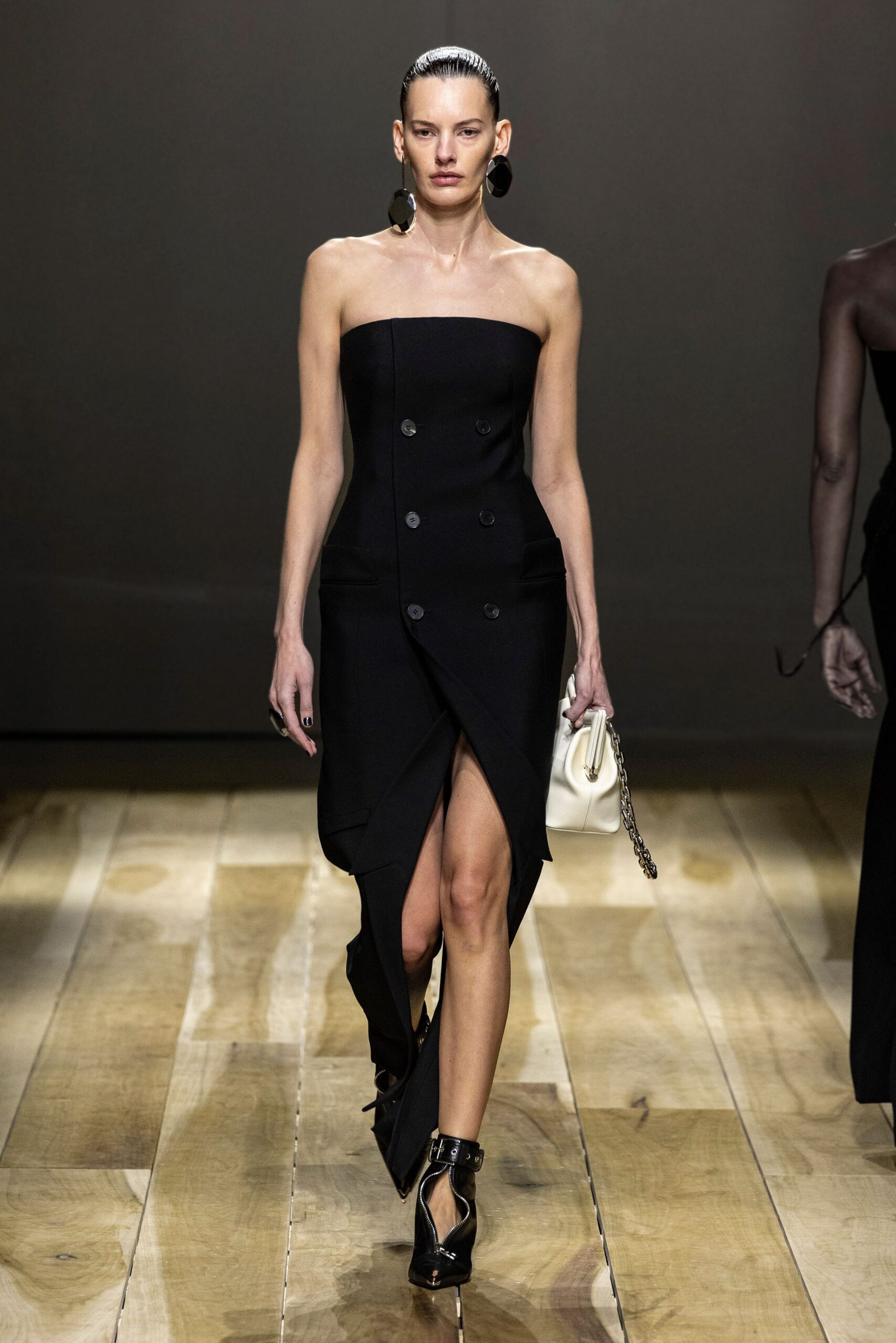black cotton strapless slit fitted buttoned draped dress