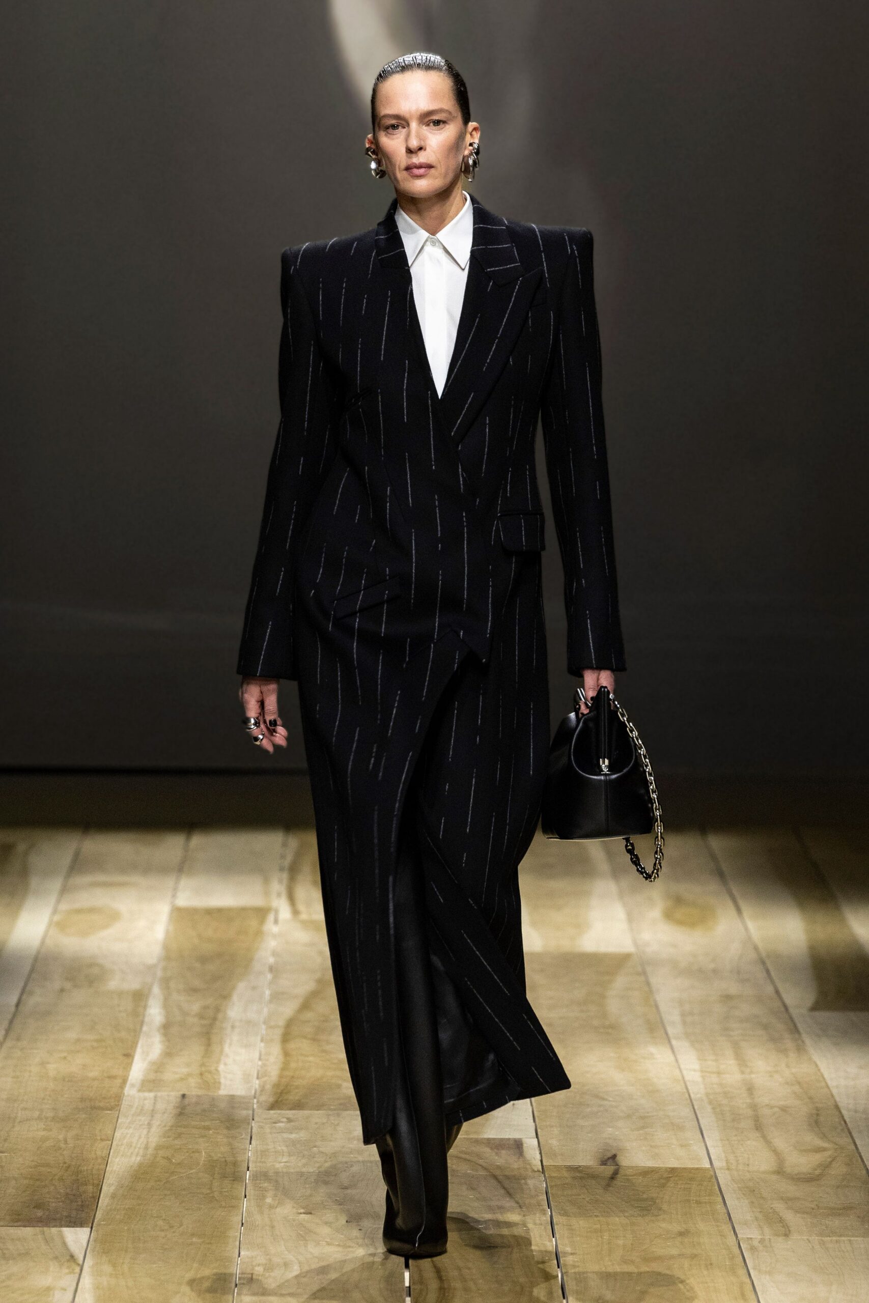 black wool long-sleeve collared tailored striped buttoned suit