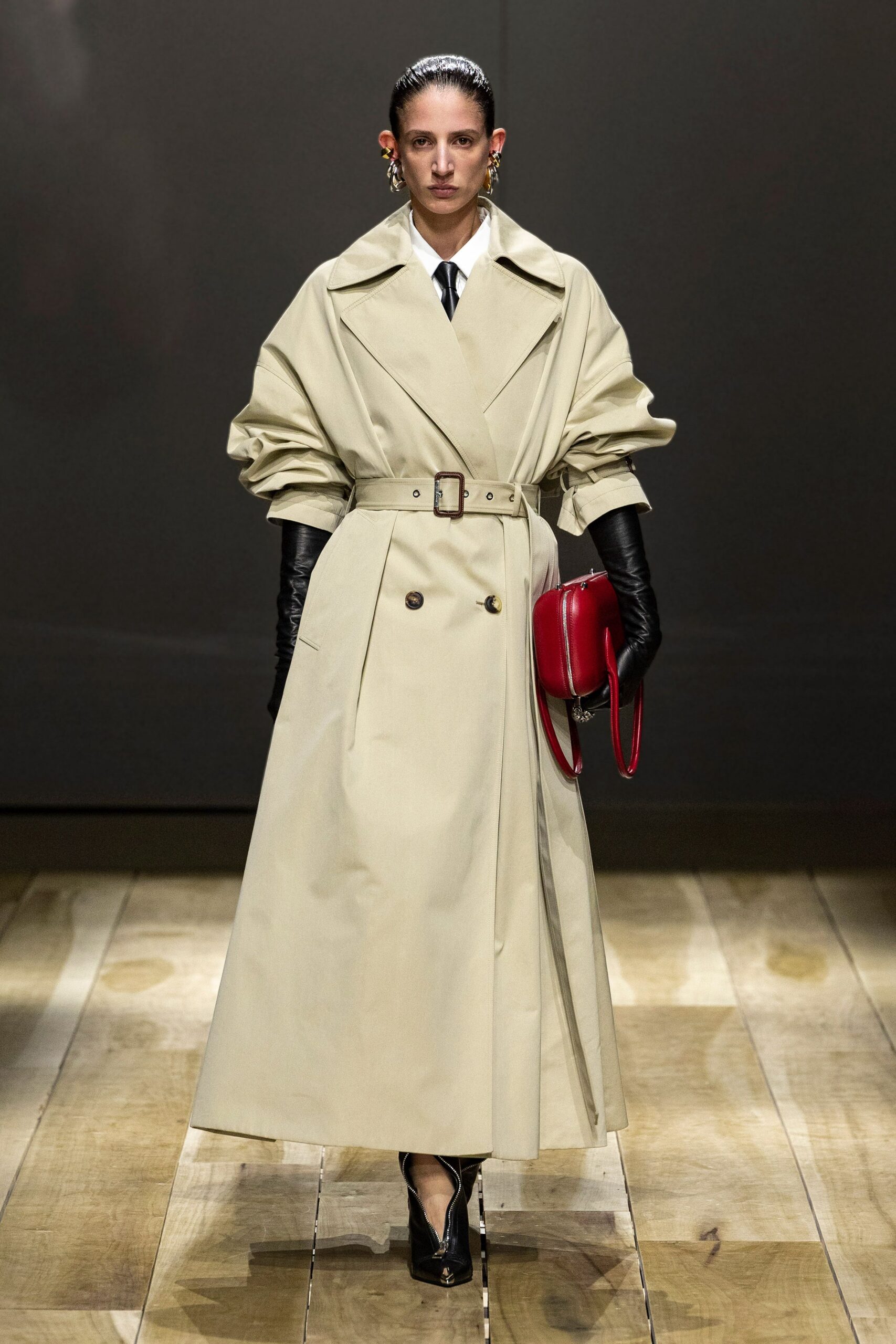 beige cotton long-sleeve collared relaxed belted maxi trench