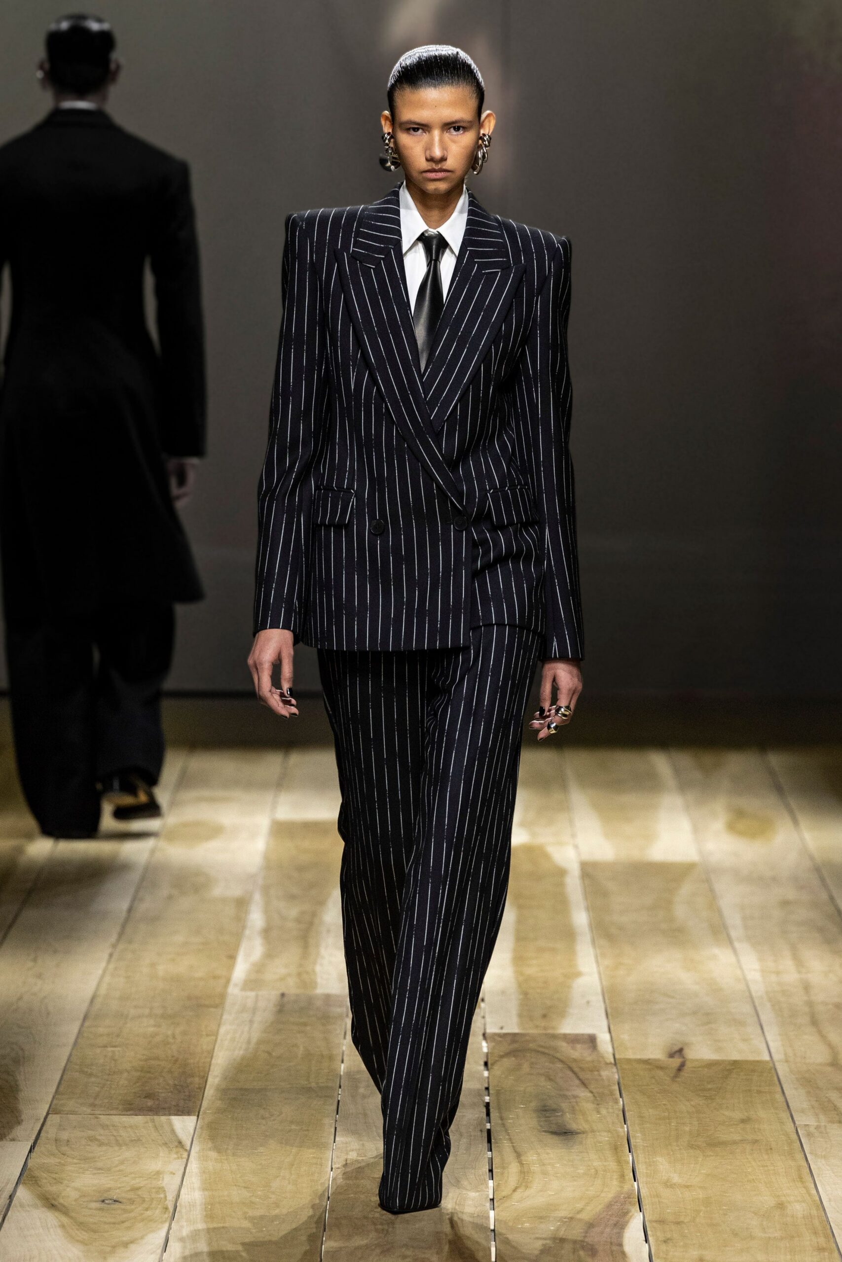 black and white striped tailored suit