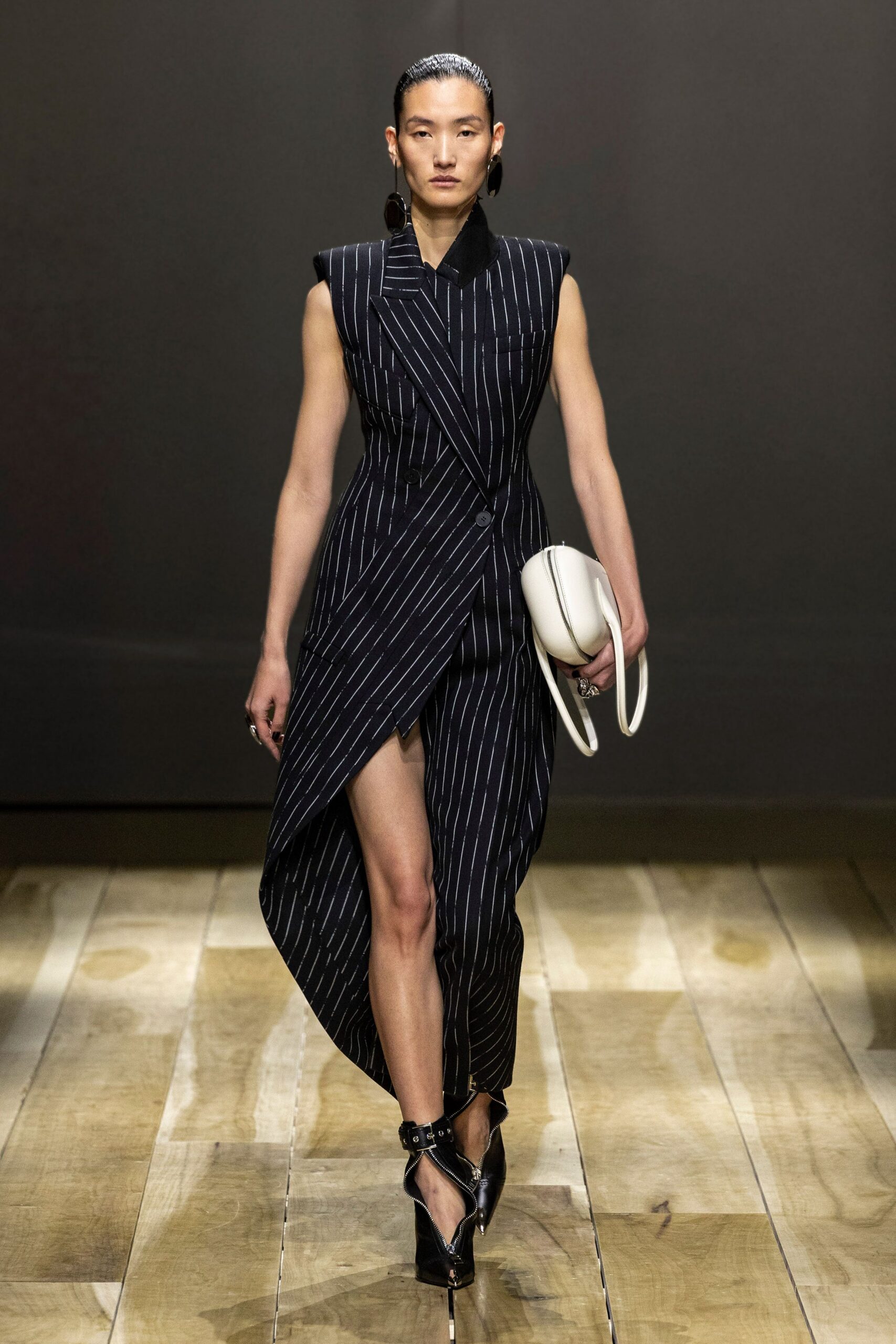 black cotton sleeveless collared fitted striped draped dress