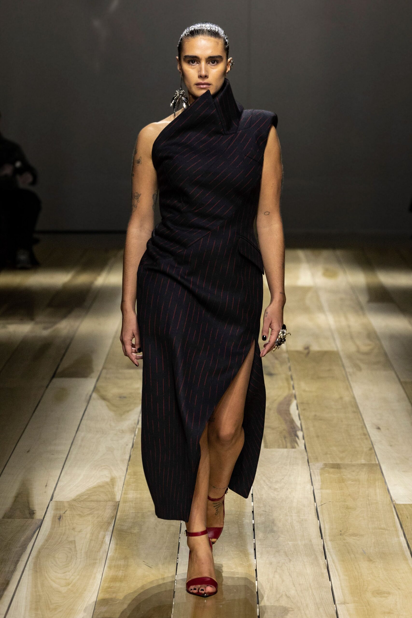 black cotton sleeveless asymmetric fitted striped midi dress