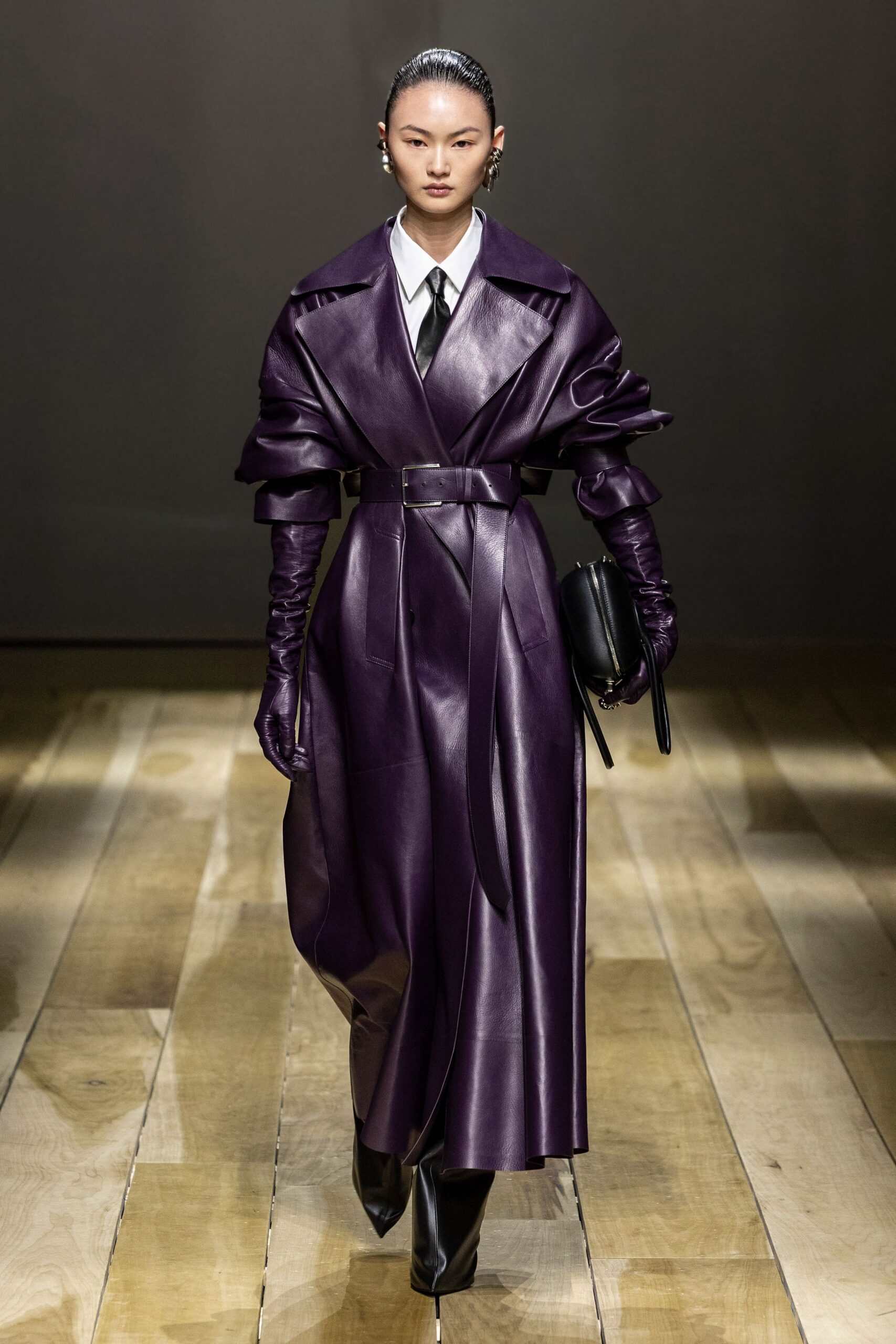 purple leather long-sleeve collared fitted belted maxi coat