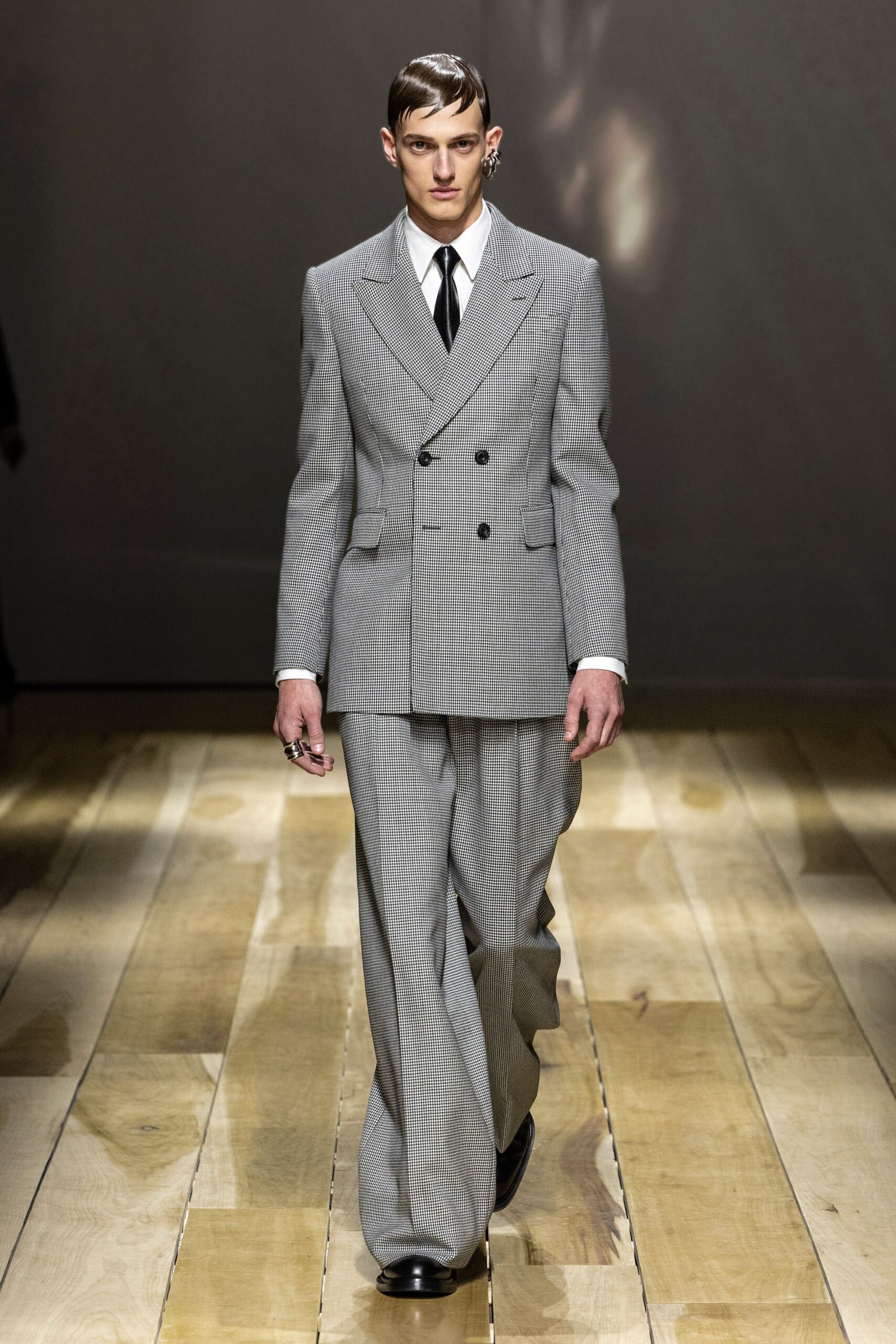 gray wool long-sleeve collared tailored striped suit