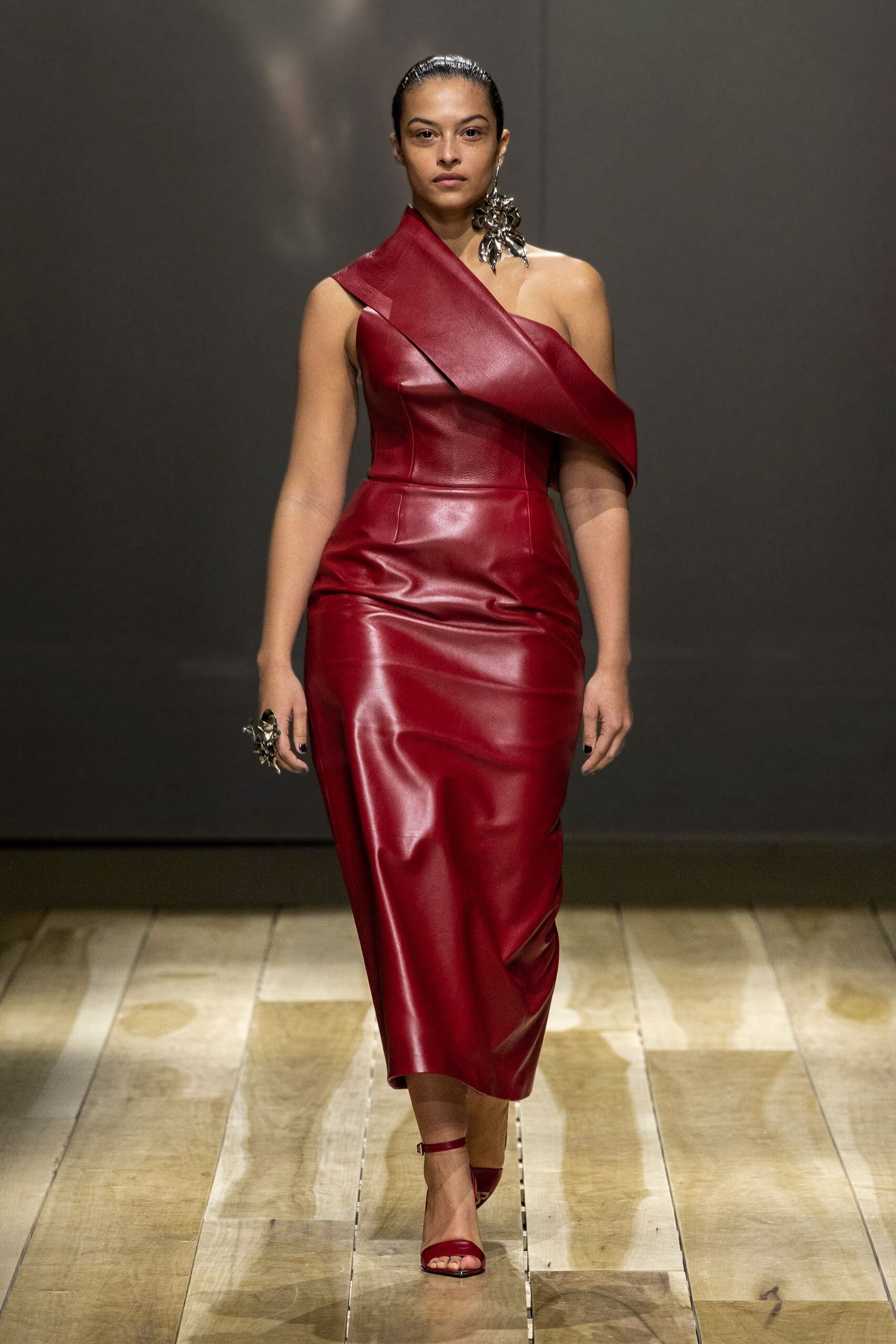 red leather sleeveless asymmetric fitted ruched midi gown