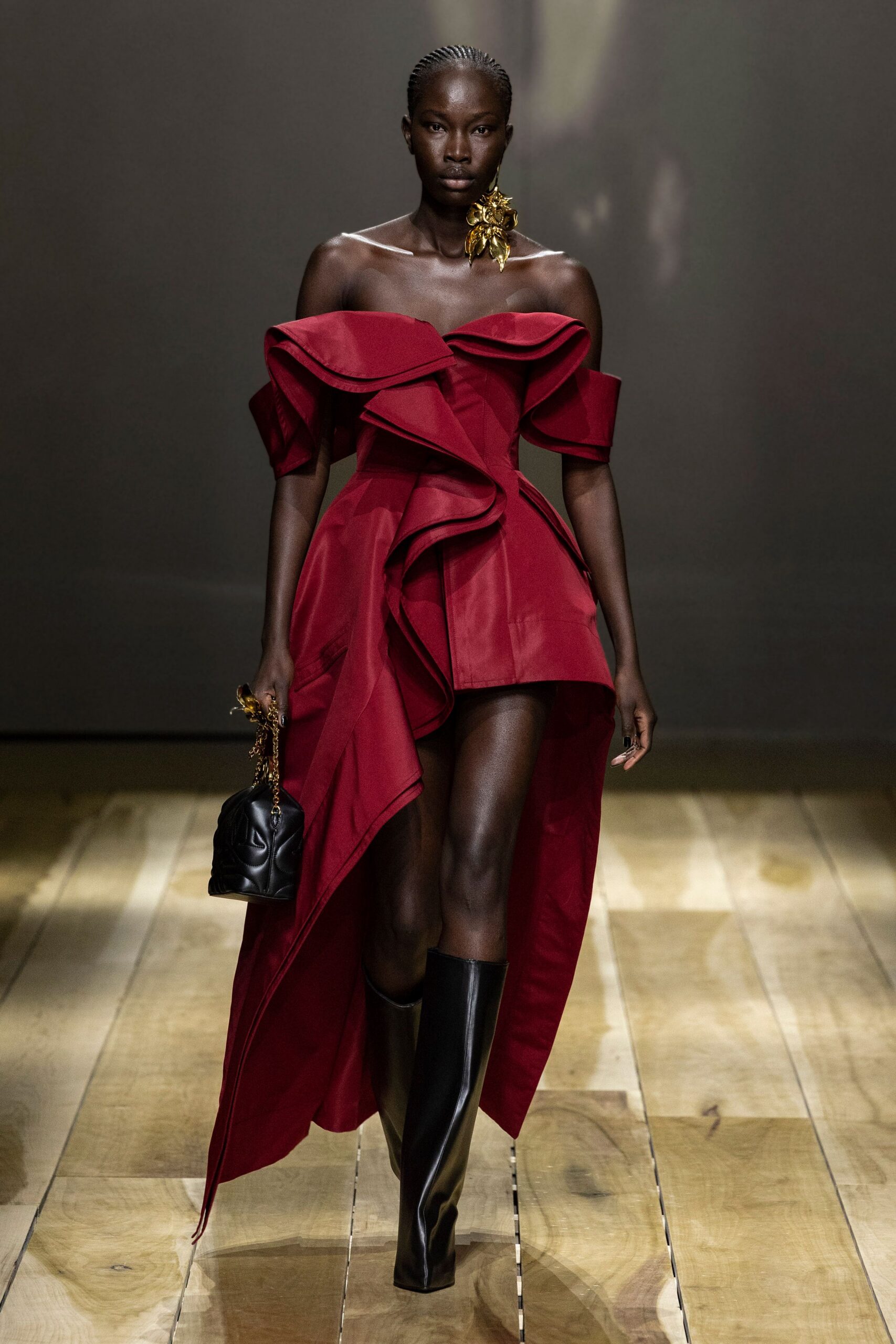 red silk off-shoulder asymmetric fitted ruffled mini dress