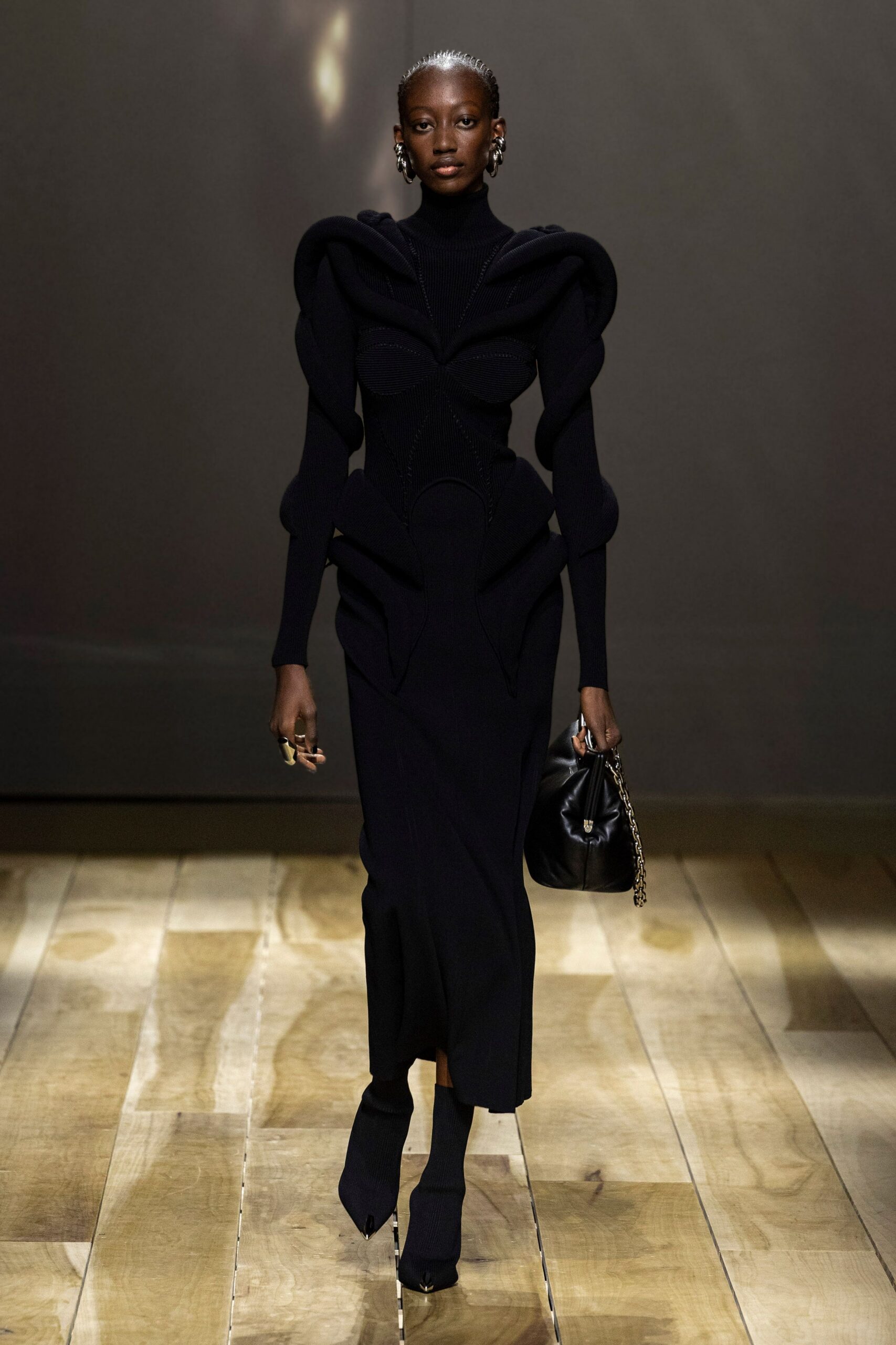 black knit long-sleeve high-neck fitted structured padded dress