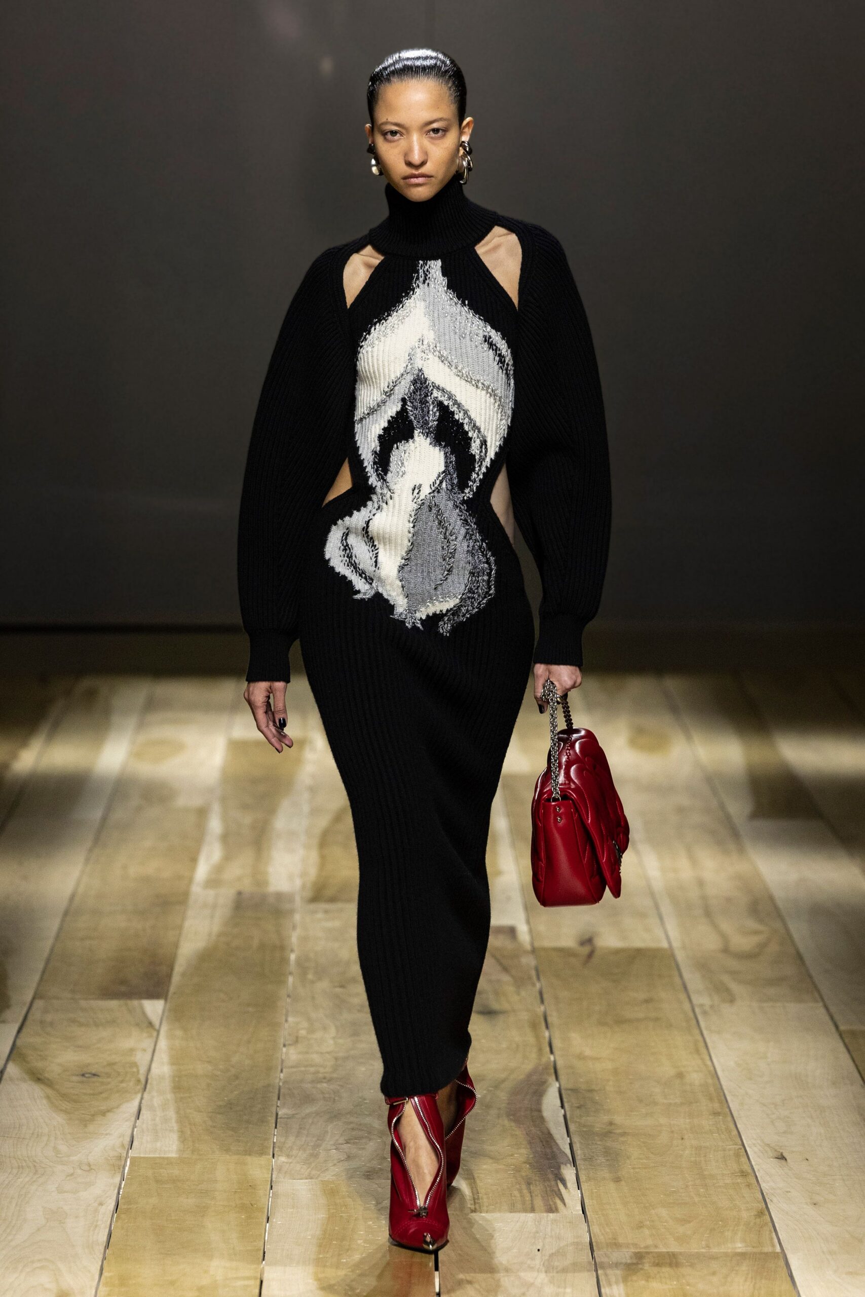 black knit long-sleeve high-neck fitted embroidered draped dress
