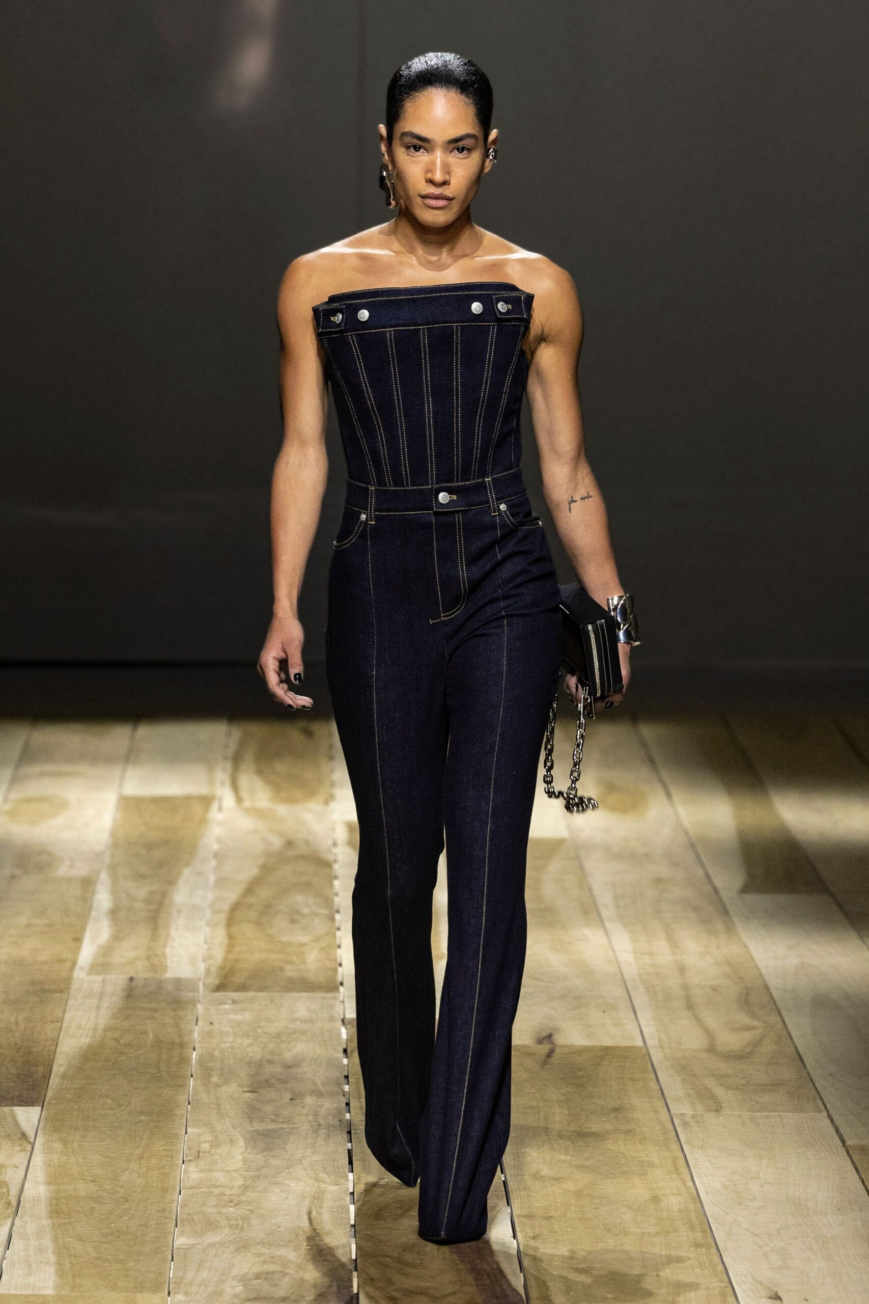 blue denim strapless fitted zippered pockets jumpsuit