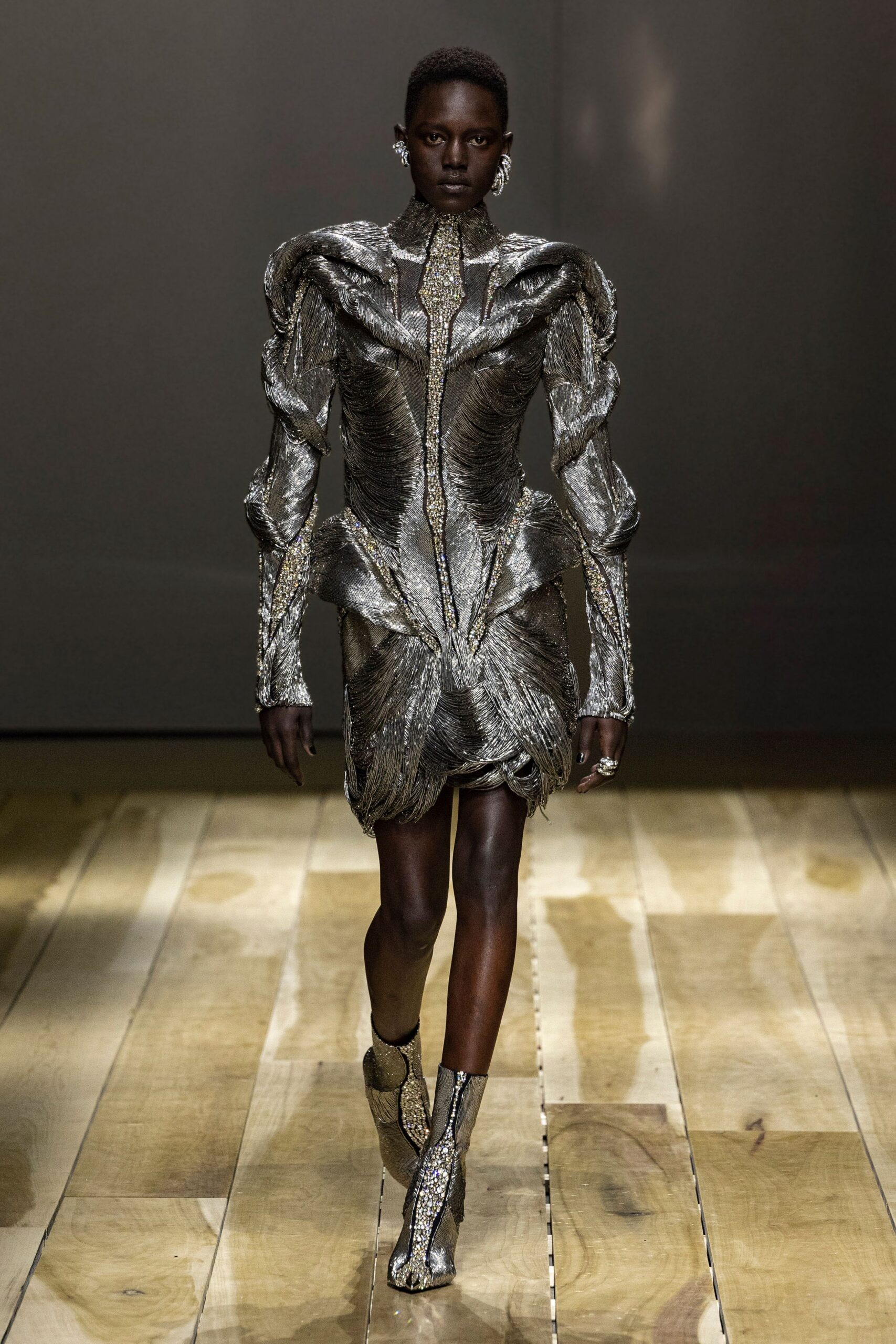 gray metallic long-sleeve high-neck fitted structured pleated dress