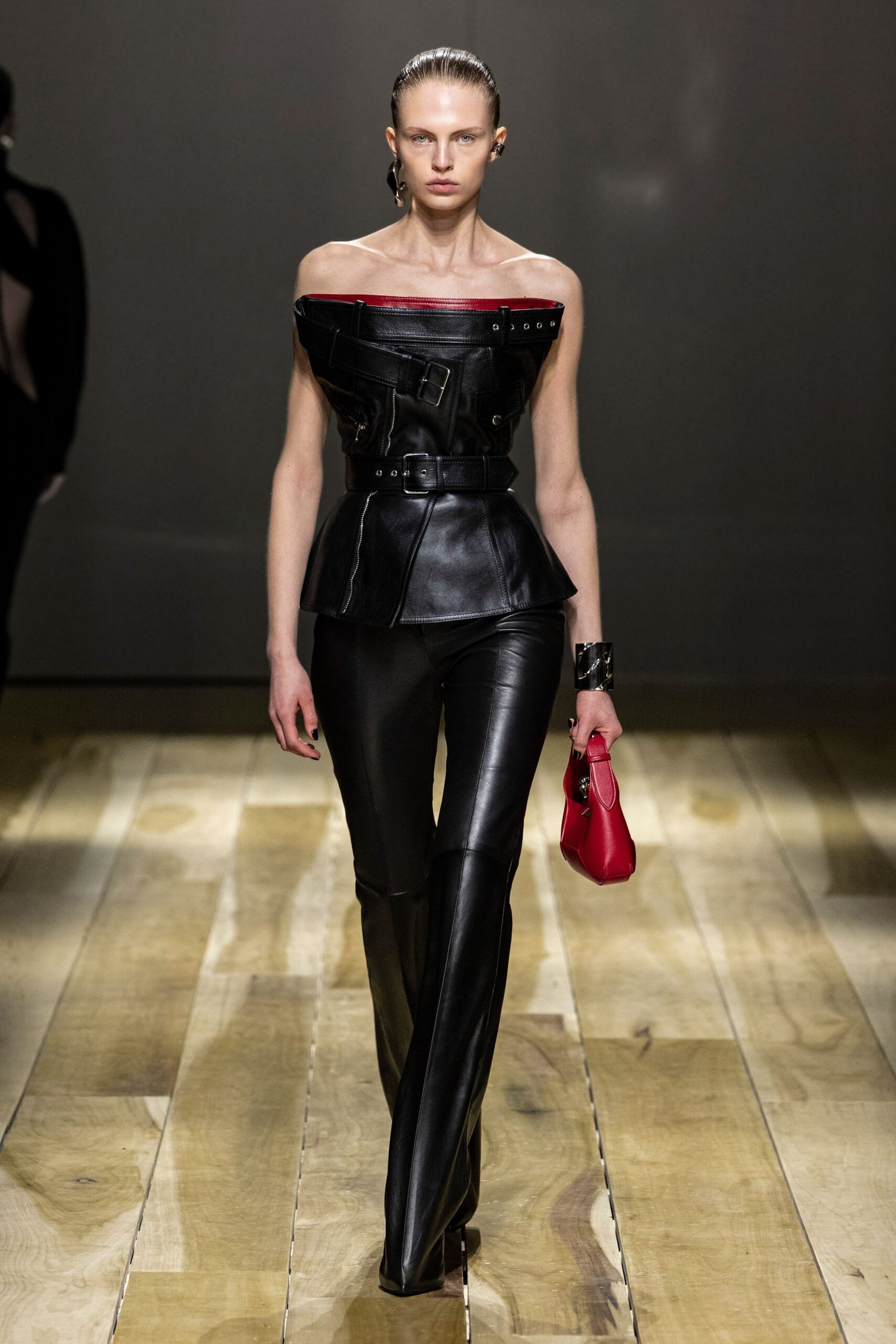 black leather fitted flared pants