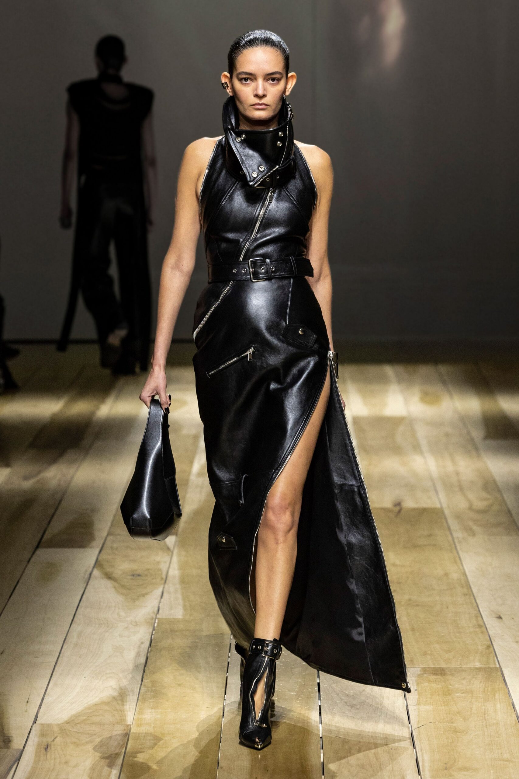 black leather sleeveless high-neck fitted zippered belted dress