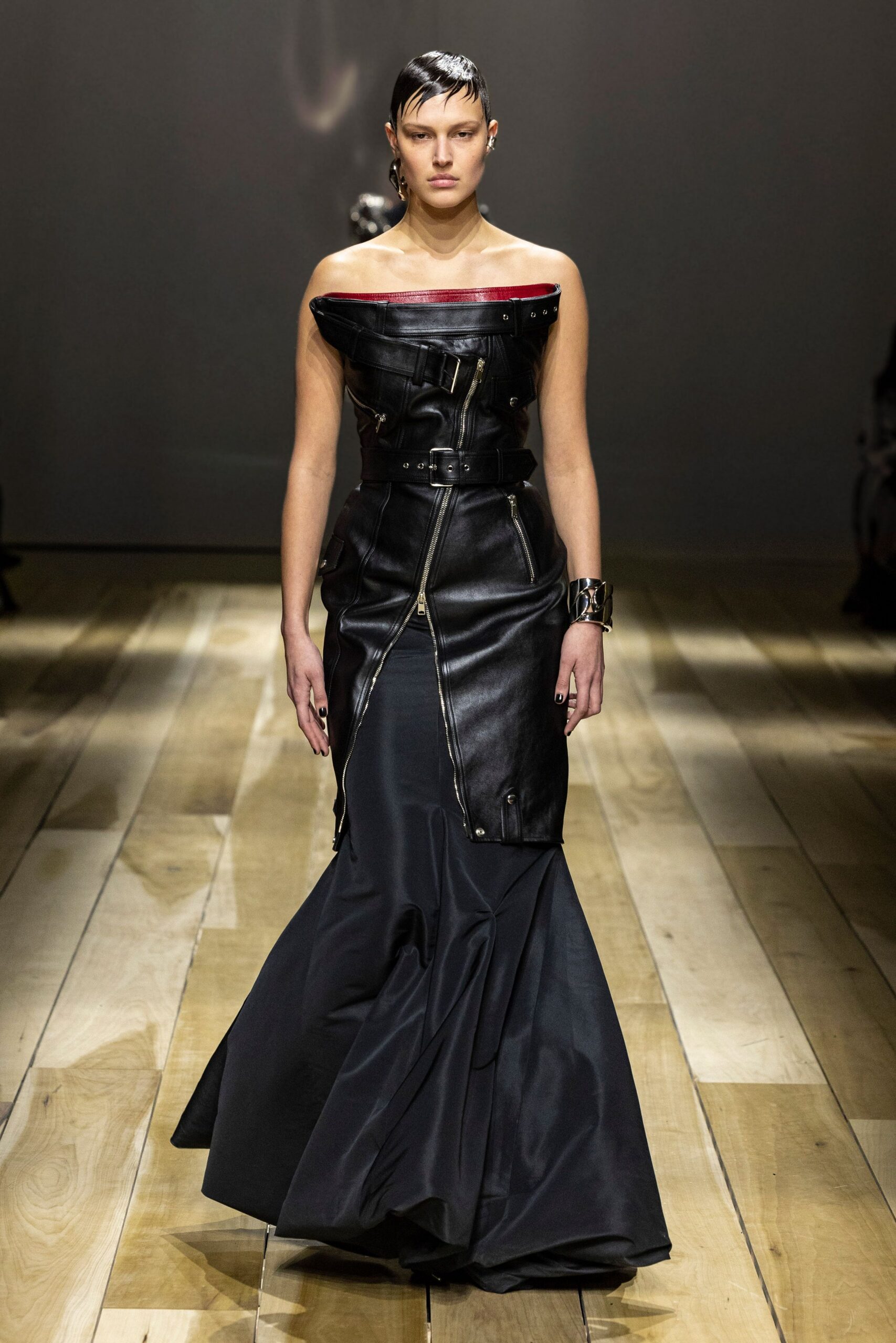 black leather strapless gown
